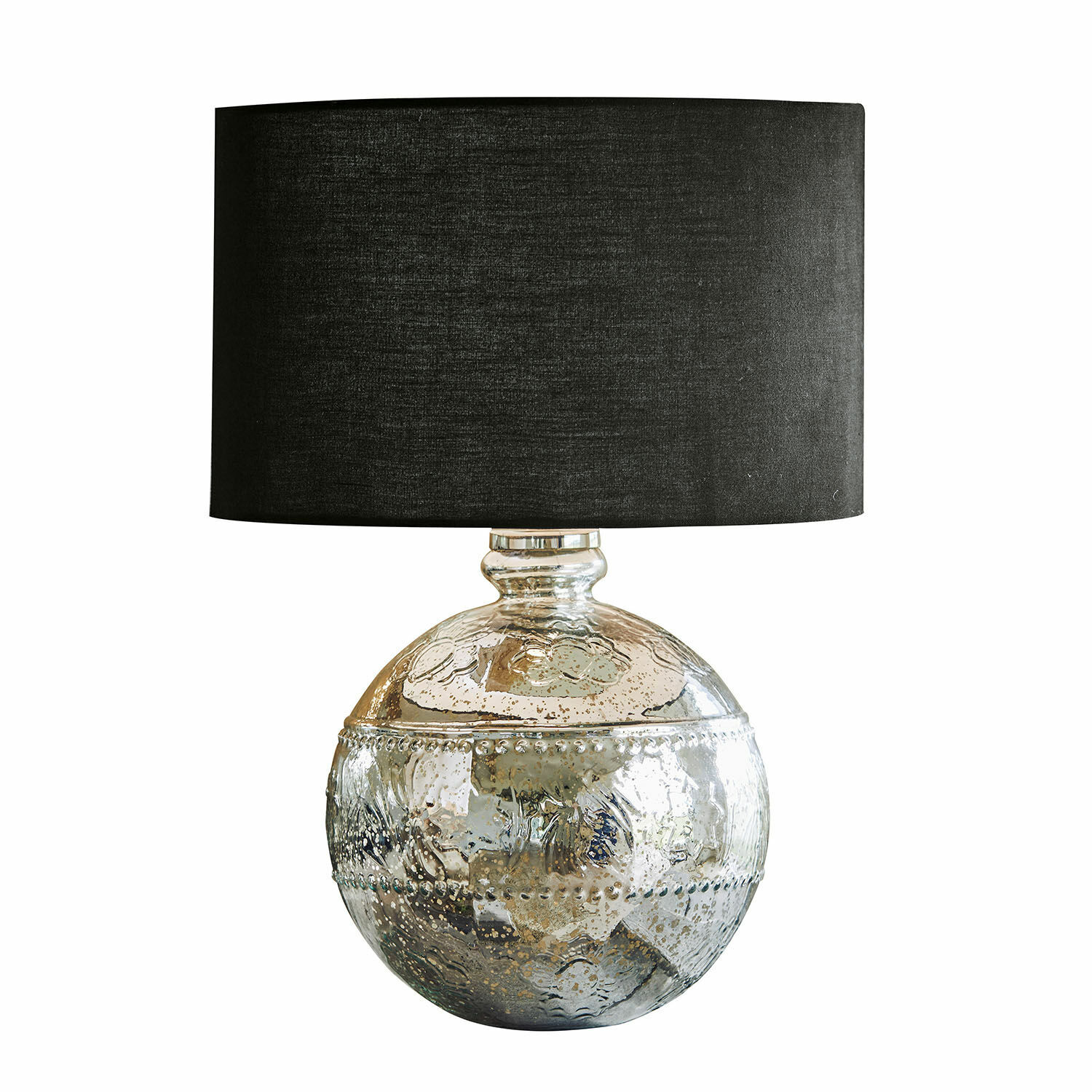 Tischlampe Voyer Dekorative Tischlampe mit kugelförmiger silberner Glasbasis und schwarzem Lampenschirm für Wohnzimmer