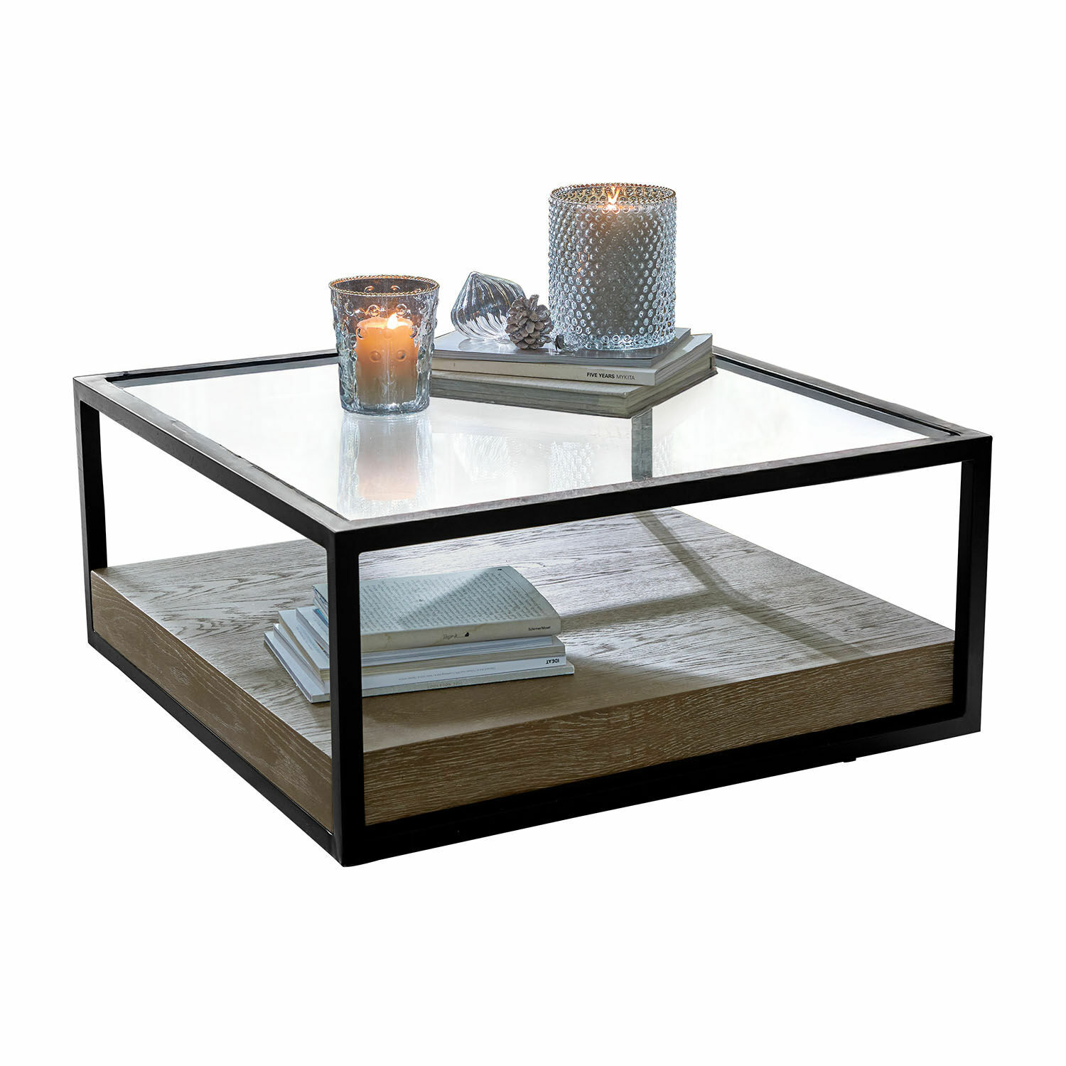 Couchtisch Westvale Quadratischer Couchtisch mit schwarzem Metallrahmen, Holzablage und Glasplatte im modernen Design