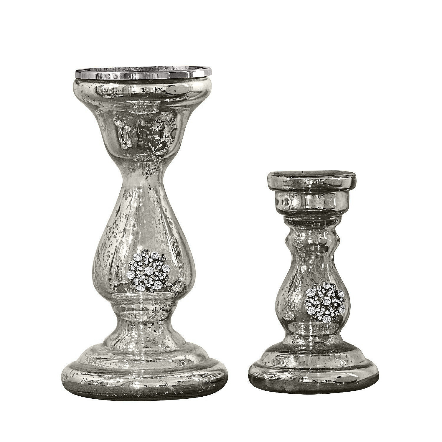 Kerzenständer 2er Set Lysiane Set aus zwei silbernen Glas-Kerzenhaltern mit dekorativen Kristallen für Wohnraumdeko