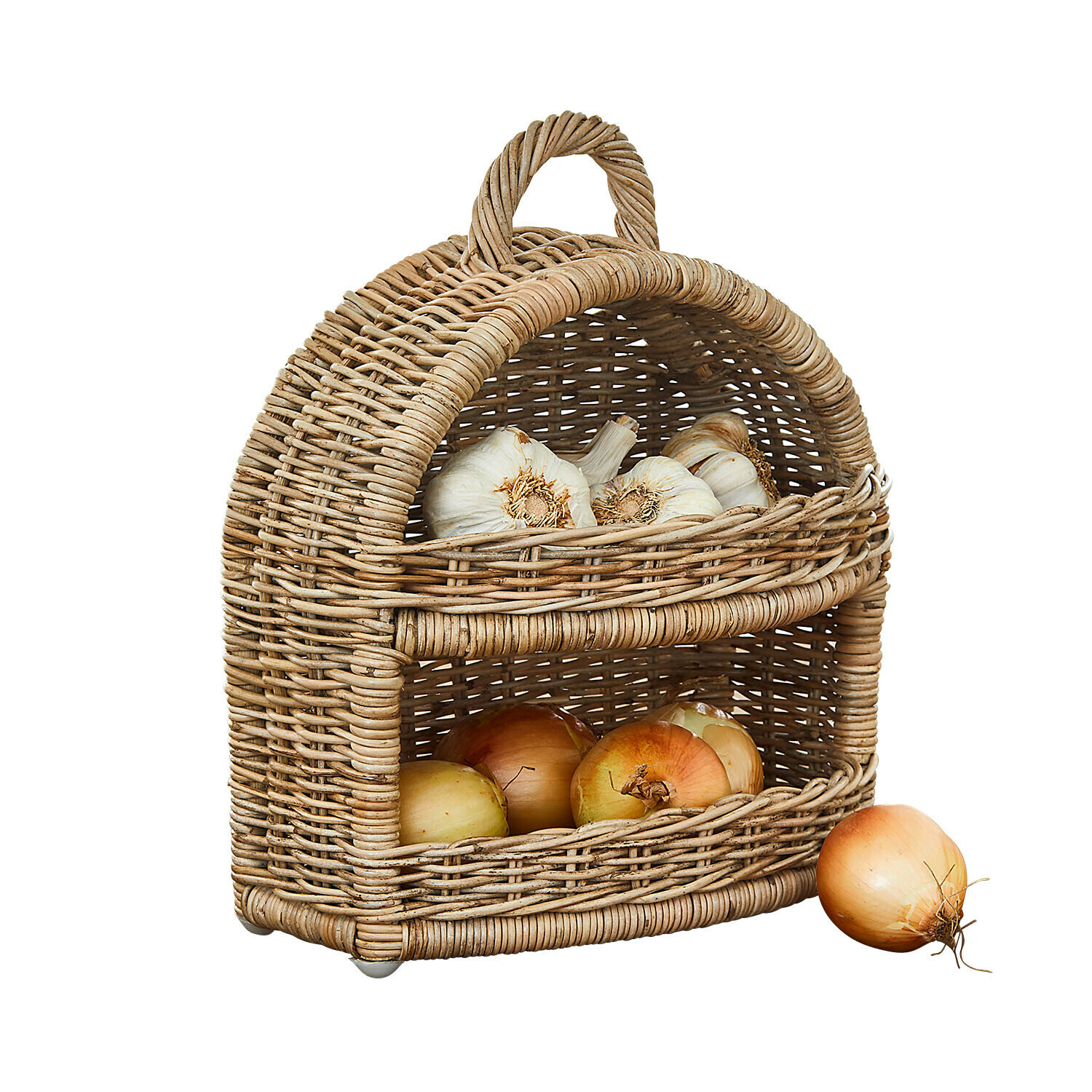 Zwiebelkorb Coudrisse Zweistöckiger Korb aus natürlichem Rattan mit Zwiebeln und Knoblauch zur Gemüseaufbewahrung