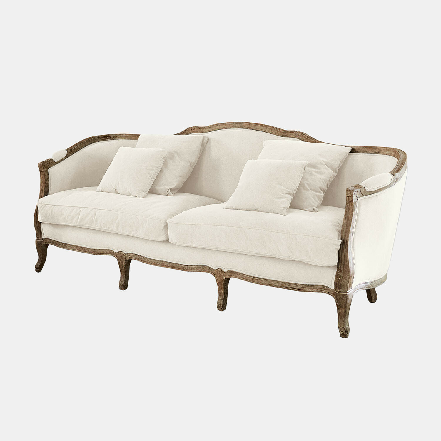Sofa Monneville Elegantes Sofa mit hellbeigem Stoffbezug und vintage Holzrahmen für das Wohnzimmer