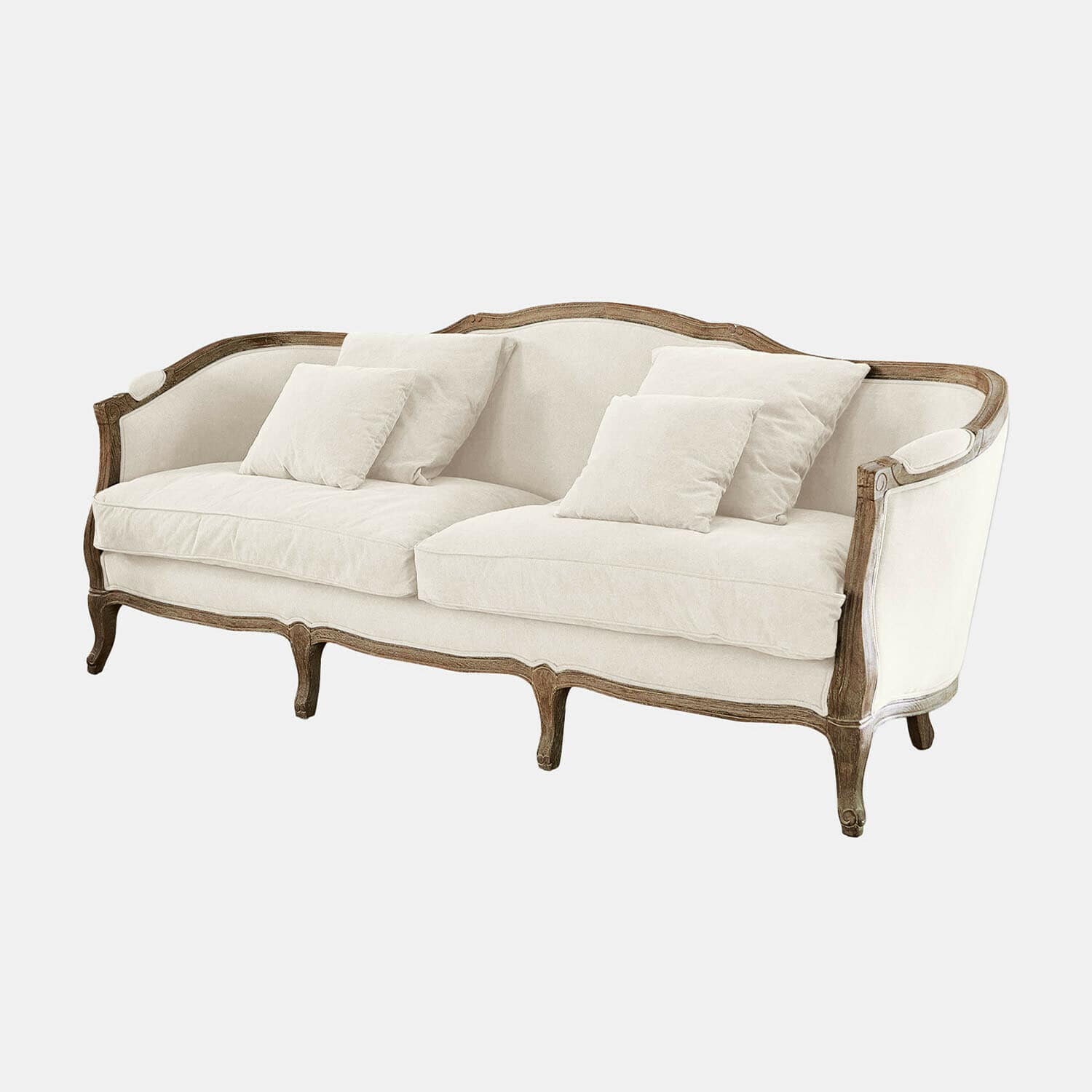 Sofa Monneville Elegantes Sofa mit hellbeigem Stoffbezug und vintage Holzrahmen für das Wohnzimmer