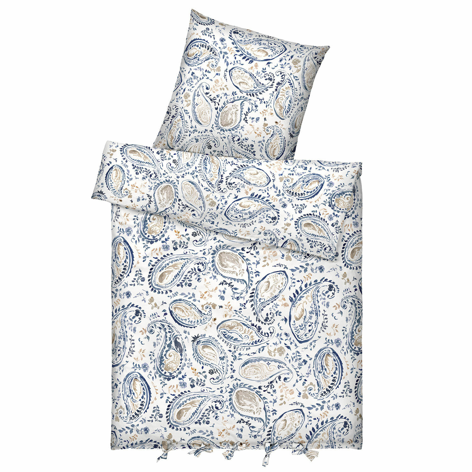 Bettwäsche Le Perron Bettwäsche aus Baumwolle mit blau-beigem Paisley-Muster auf weißem Grund, weich und dekorativ