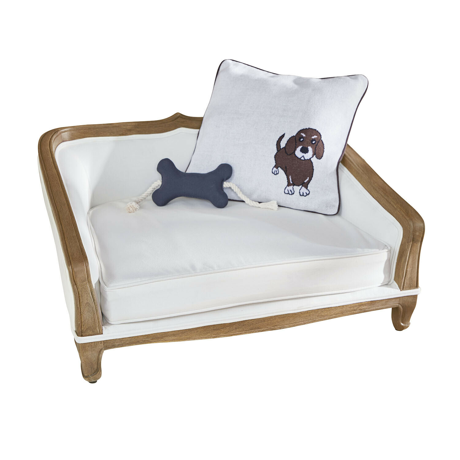 Haustiersofa Whisley Weißes gepolstertes Hundebett mit Holzrahmen, Kissen mit Hundemotiv und Knochen-Spielzeug