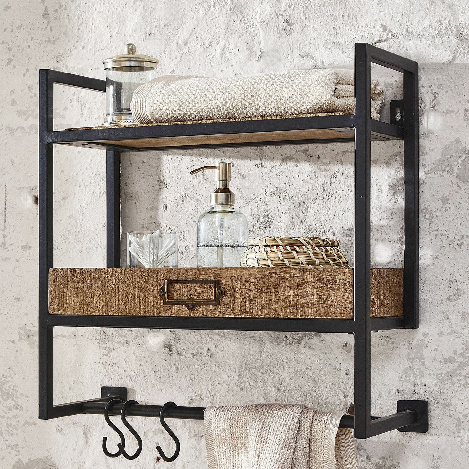 Wandregal Taylors Island Schwarzes Metall-Wandregal mit Holzschublade und Haken, praktischer Badorganizer