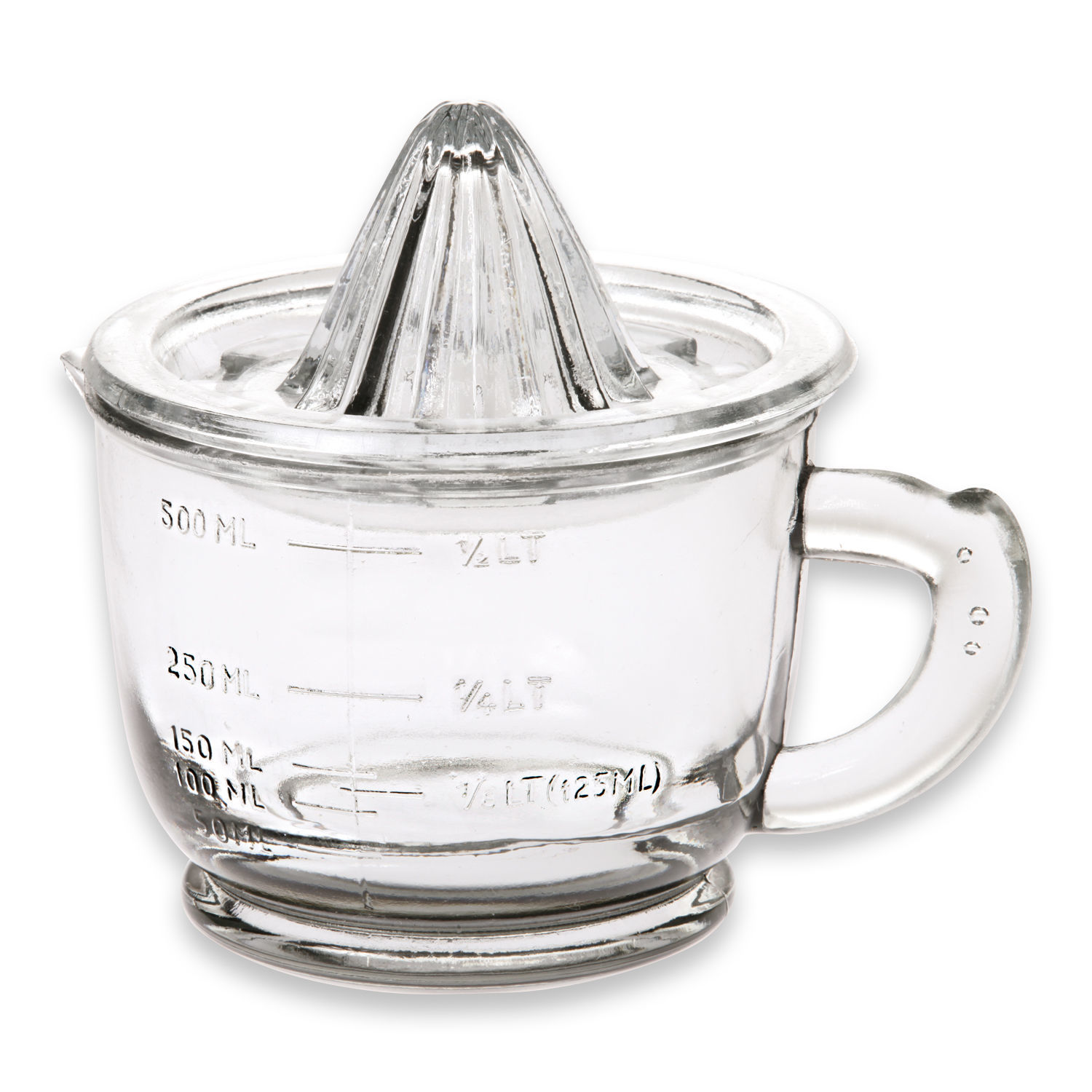 Zitronenpresse Cindy Glas-Zitruspresse mit Messskala bis 500 ml, transparentes Küchenwerkzeug für frische Säfte