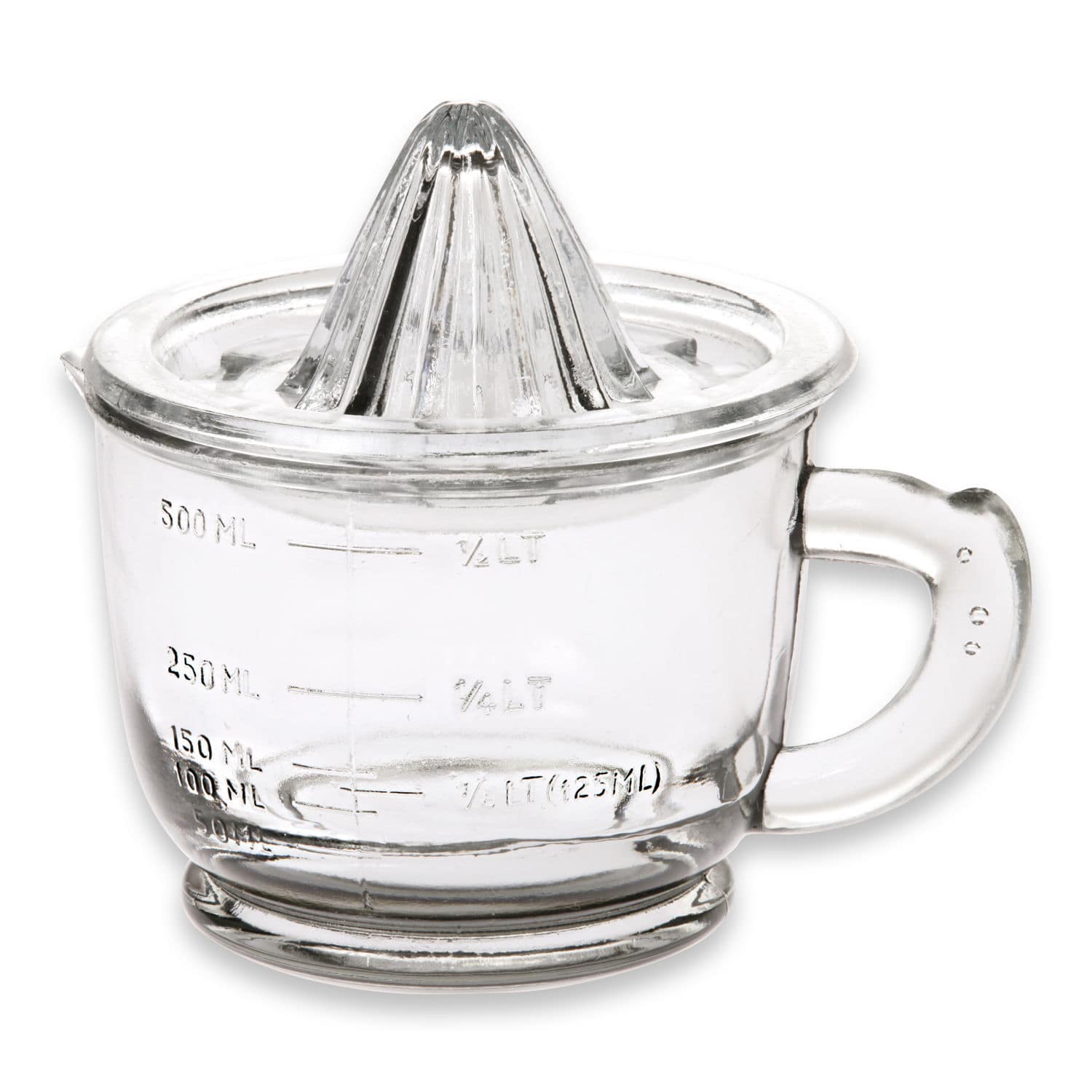 Zitronenpresse Cindy Glas-Zitruspresse mit Messskala bis 500 ml, transparentes Küchenwerkzeug für frische Säfte