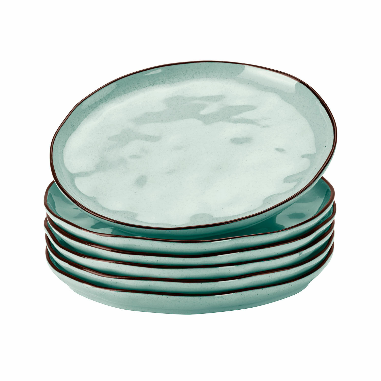 türkis 6-teiliges Set türkiser Dessertteller aus Keramik mit braunem Rand zum Servieren von Kuchen