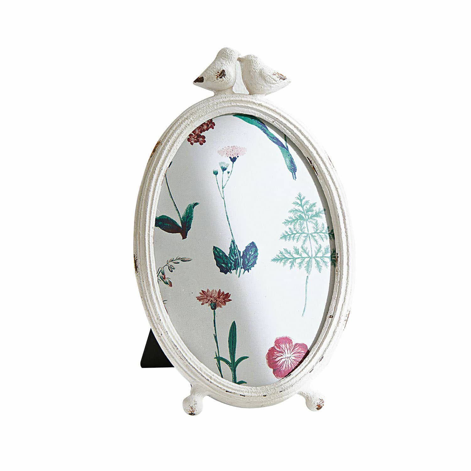 Bilderrahmen Jolanda Ovale Bilderrahmen aus weißem Metall mit Vogel-Dekor, Vintage-Stil, Wohnaccessoire