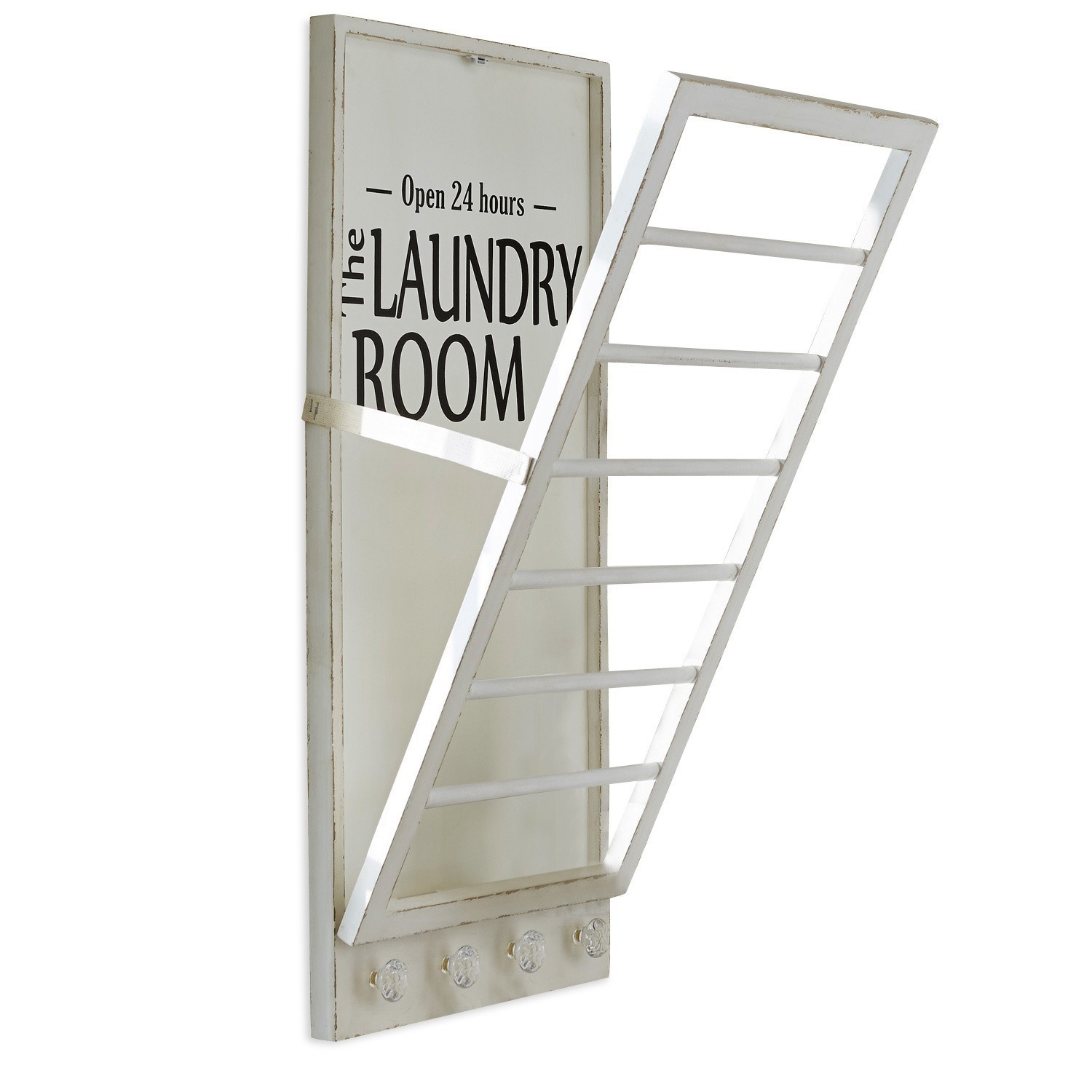 Handtuchhalter Laundry Room Weißer Holzkleiderhalter mit Schriftzug Laundry Room und Metallgitter zum Trocknen