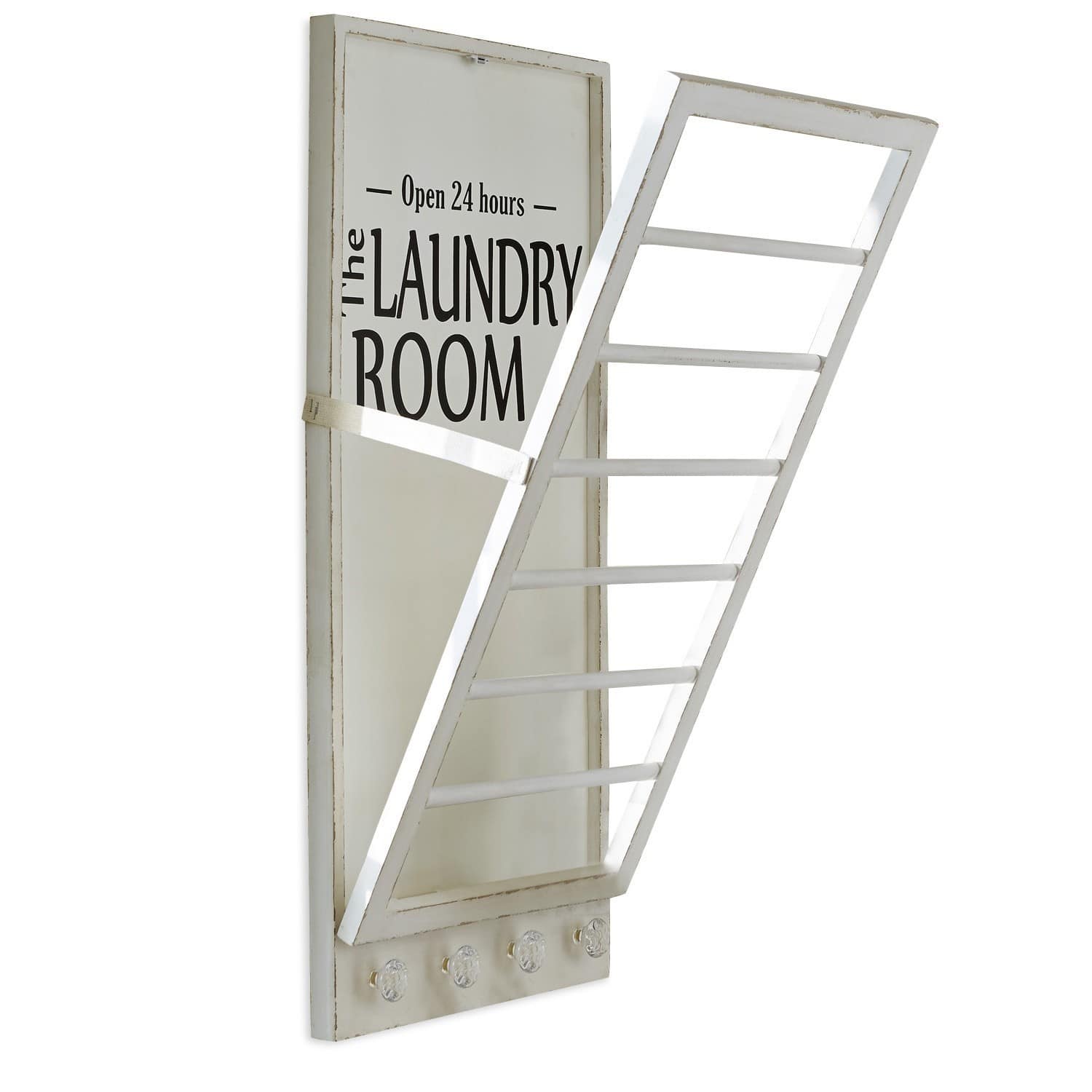 Handtuchhalter Laundry Room Weißer Holzkleiderhalter mit Schriftzug Laundry Room und Metallgitter zum Trocknen