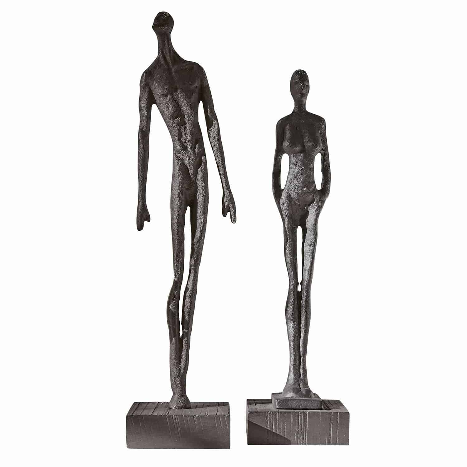 Figur 2er Set Perce Paar schwarze Metallskulpturen auf Holzsockeln, moderne Deko für Innenräume