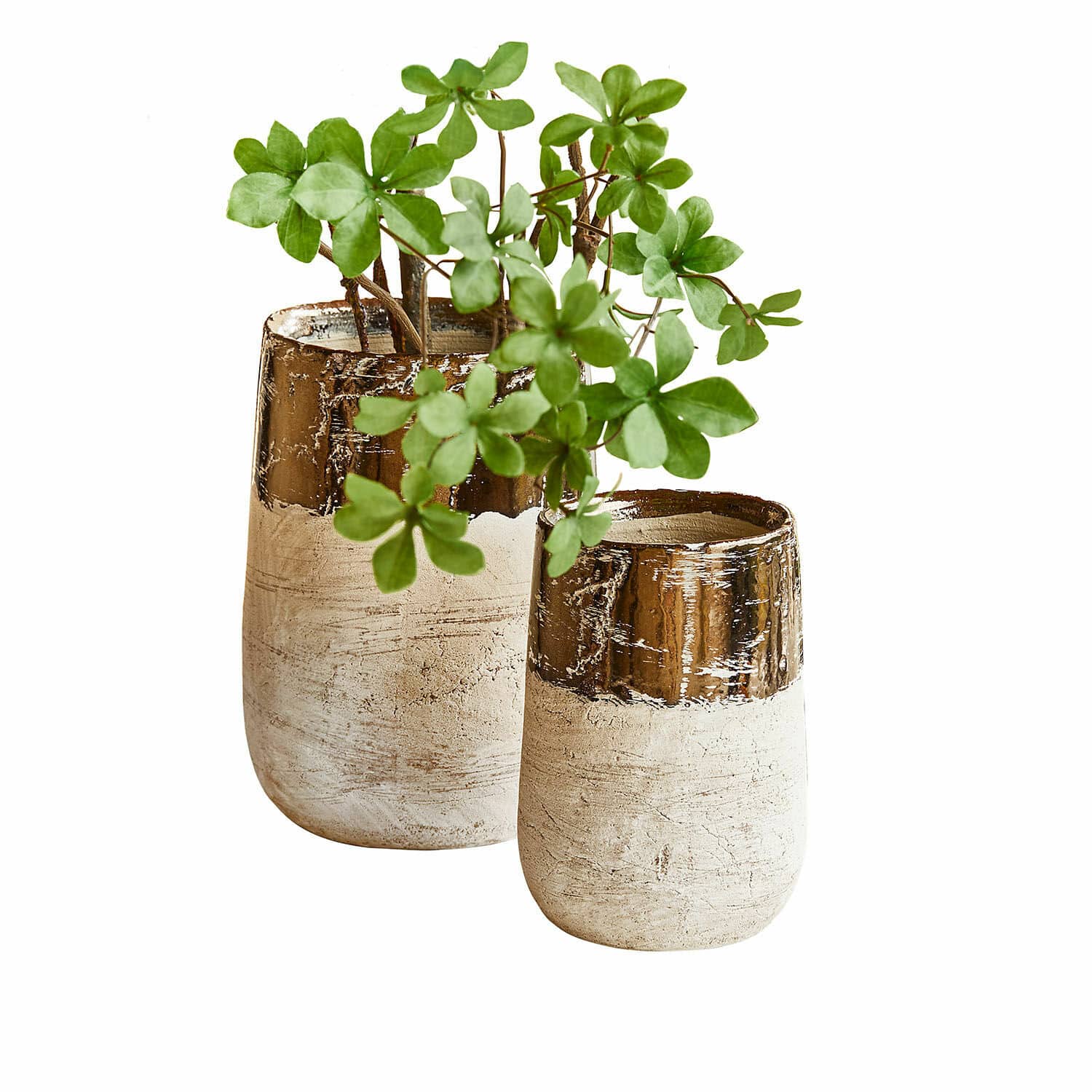 Vase 2er Set Hafira Set aus zwei beige-braunen Keramikblumentöpfen mit grünen Pflanzen für Wohnraumdekoration