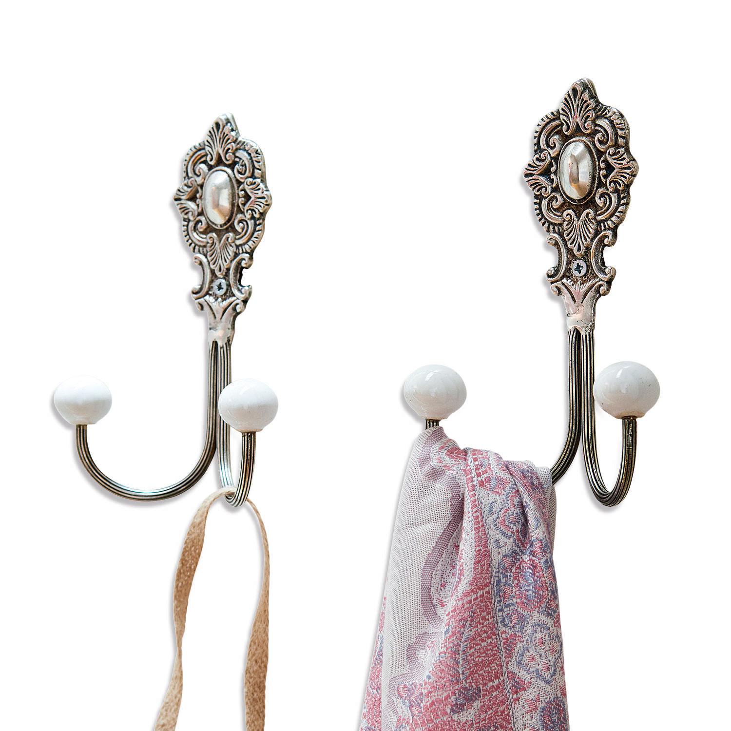 Haken 2er Set Millar Metall-Wandhaken mit weißen Keramikkugeln und dekorativem Vintage-Muster