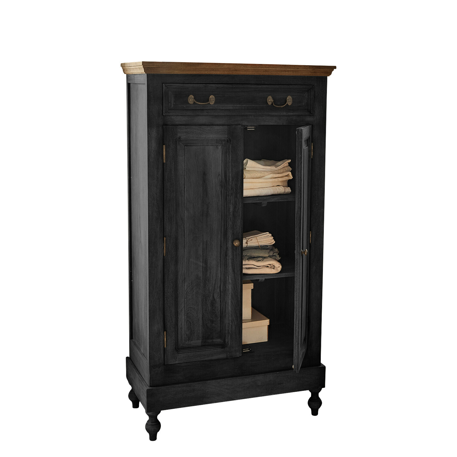 Schwarzer Bortoni Holzschrank mit brauner Ablagefläche und Regalen für gefaltete Textilien