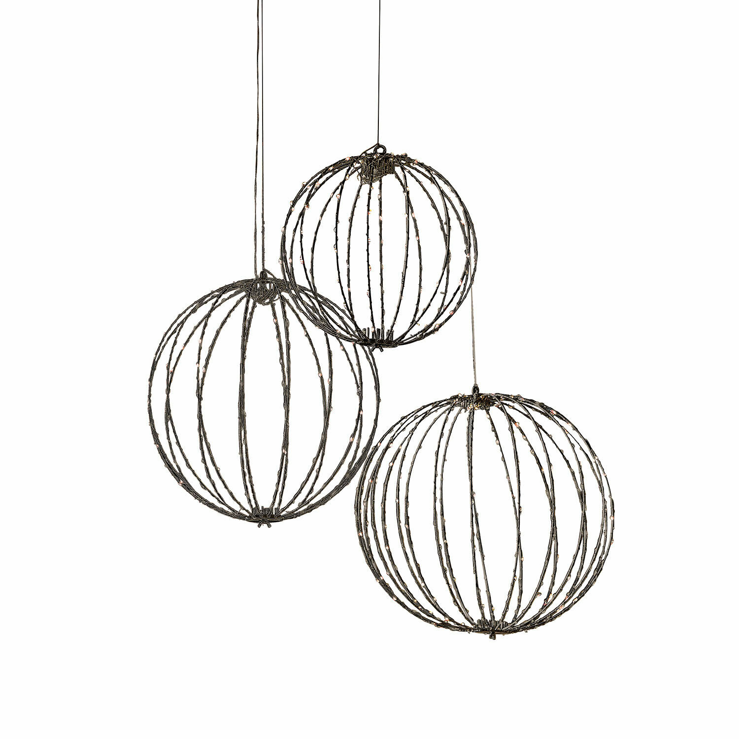 schwarz 3er Set LED-Kugeln in glänzendem Schwarz aus Metallrahmen, dekorative Lichtobjekte