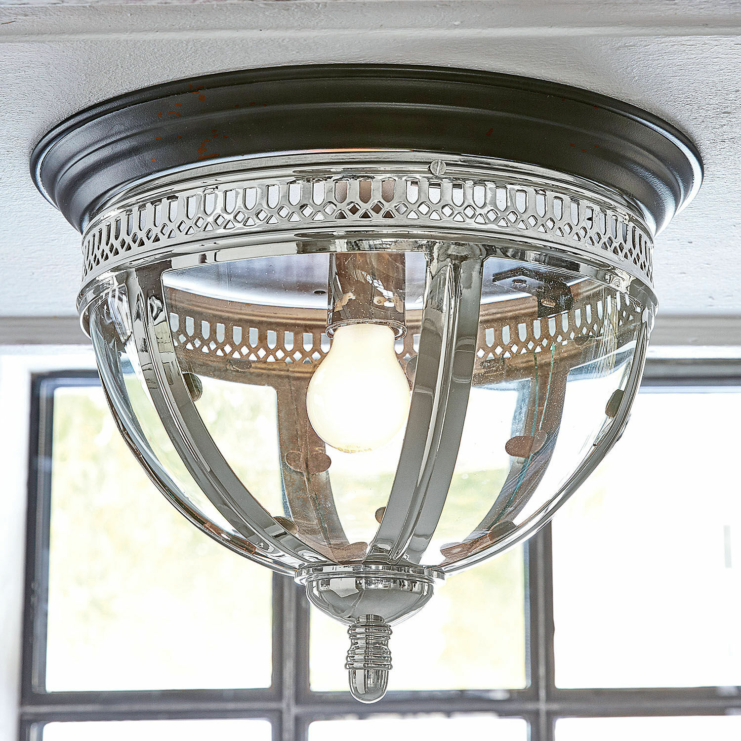 Wand- & Deckenlampe Toole Deckenleuchte aus Glas mit silbernem und schwarzem Metallrahmen im Vintage-Stil