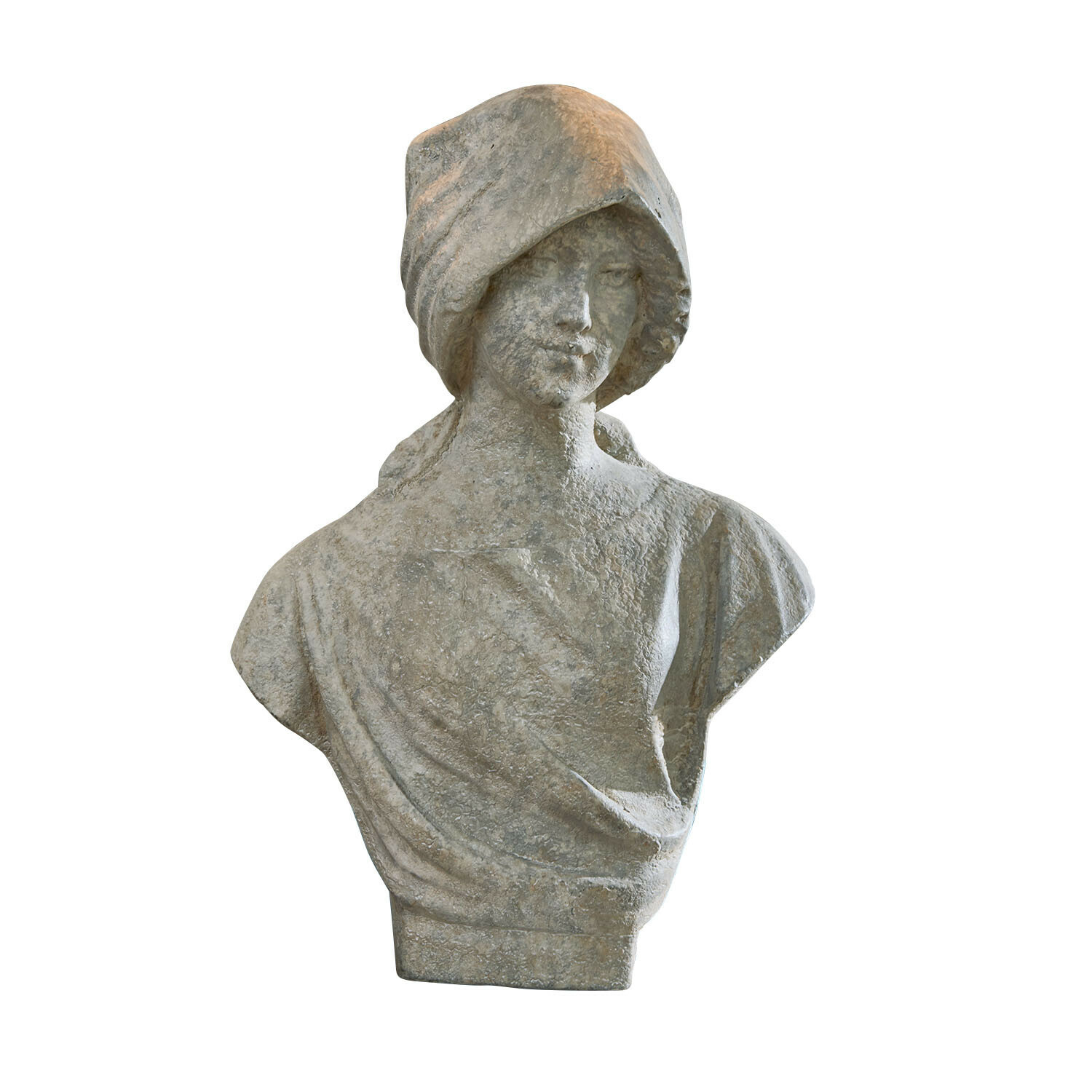 Steinbüste einer Frau mit grauer Kapuze und Gewand, klassische Dekoration für Innenräume