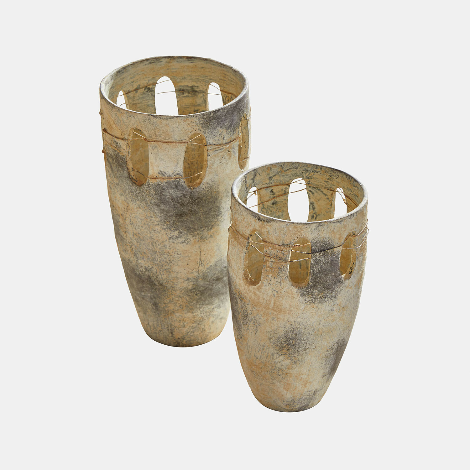 Vase 2er Set Delunas Zwei dekorative Laternen aus Naturmaterial in Beige-Grau für Innen- und Außenbereich