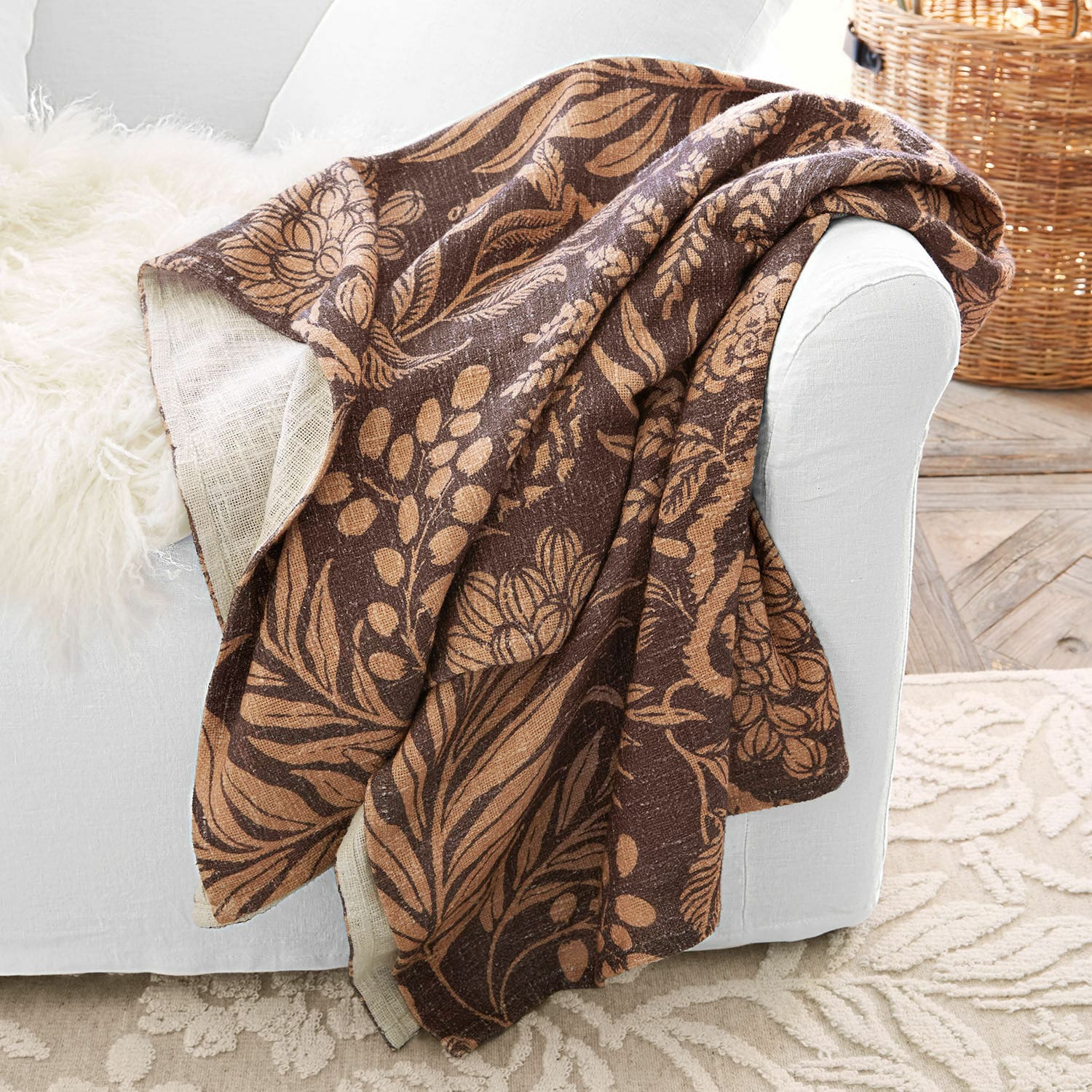 Plaid Carivelle Braune Decke mit floralem Blattmuster, weiches Material, dekorativer und praktischer Wohnaccessoire