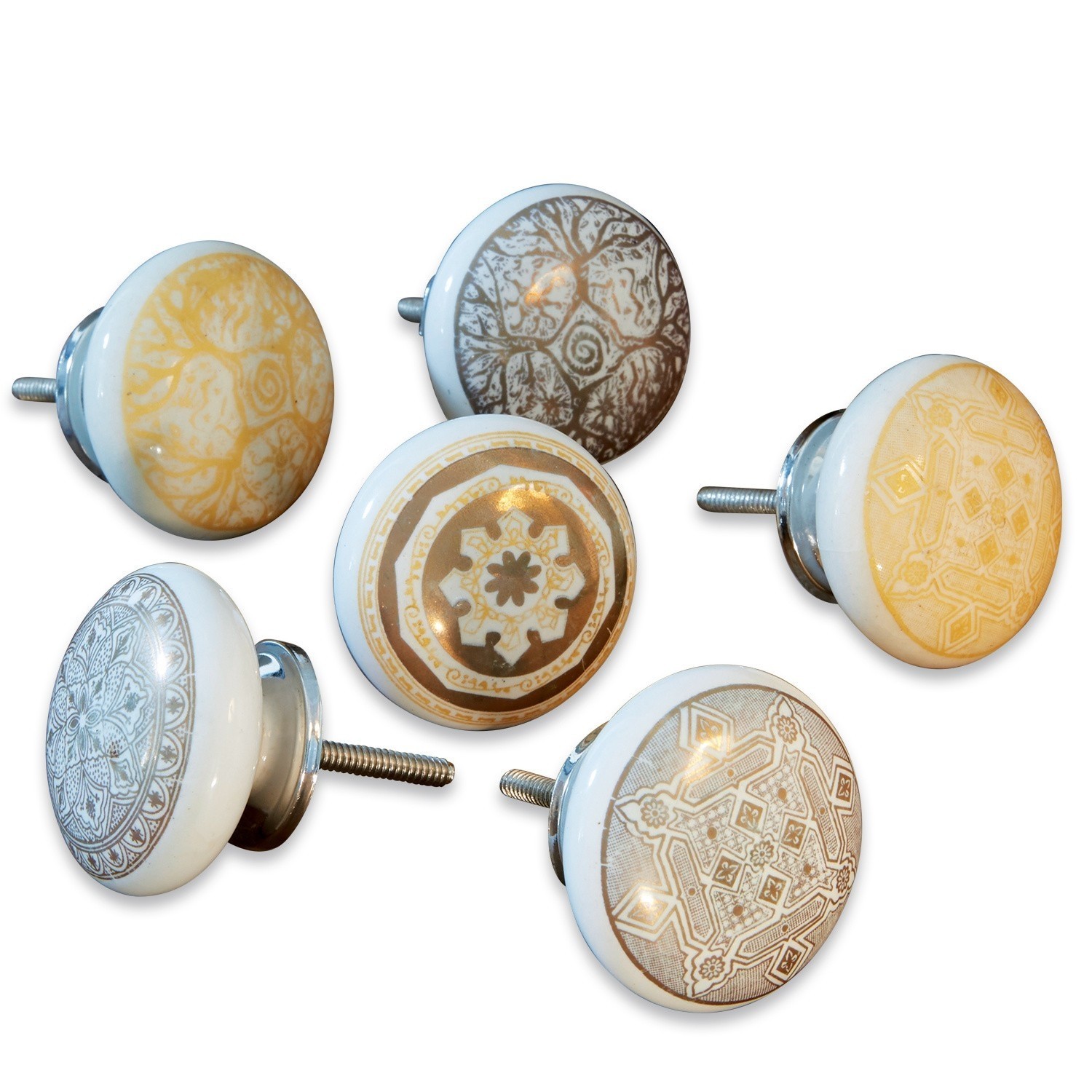 Kommodengriffe 6er Set Tuffé Sechsteiliges Set Keramik Möbelknöpfe mit Metallschrauben, beige und braune Muster