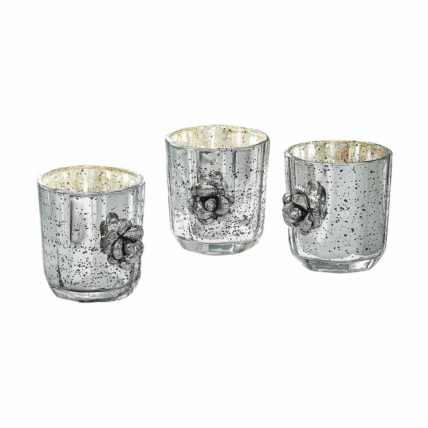 Teelichthalter 3er Set Alovix Set aus drei Glas-Teelichthaltern mit Blumenverzierung und silberner Oberfläche als Wohnaccessoire