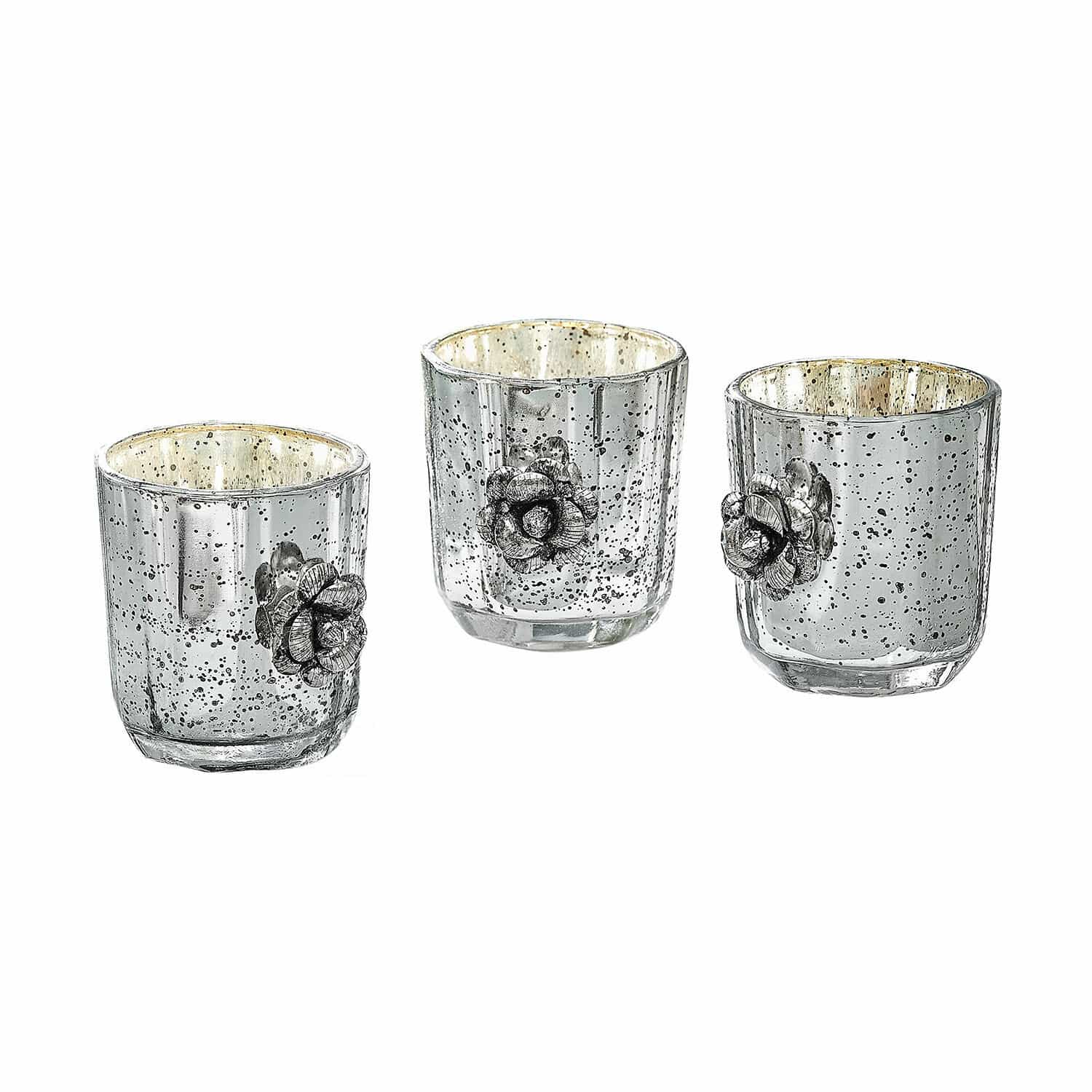 Teelichthalter 3er Set Alovix Set aus drei Glas-Teelichthaltern mit Blumenverzierung und silberner Oberfläche als Wohnaccessoire