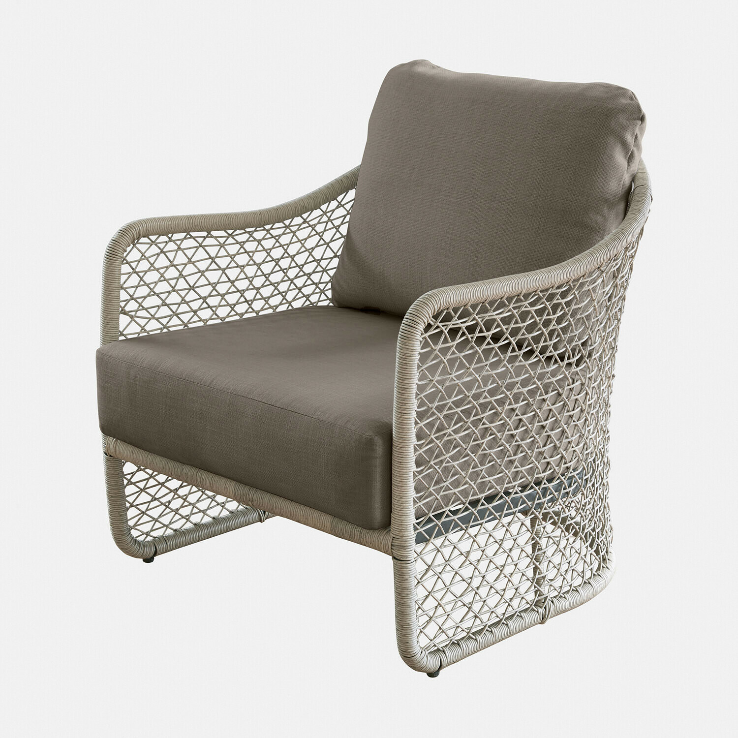 braun/grau Sessel Langforda mit braun-grauem Stoffbezug und geflochtener Rahmen, bequemer Wohnzimmerstuhl