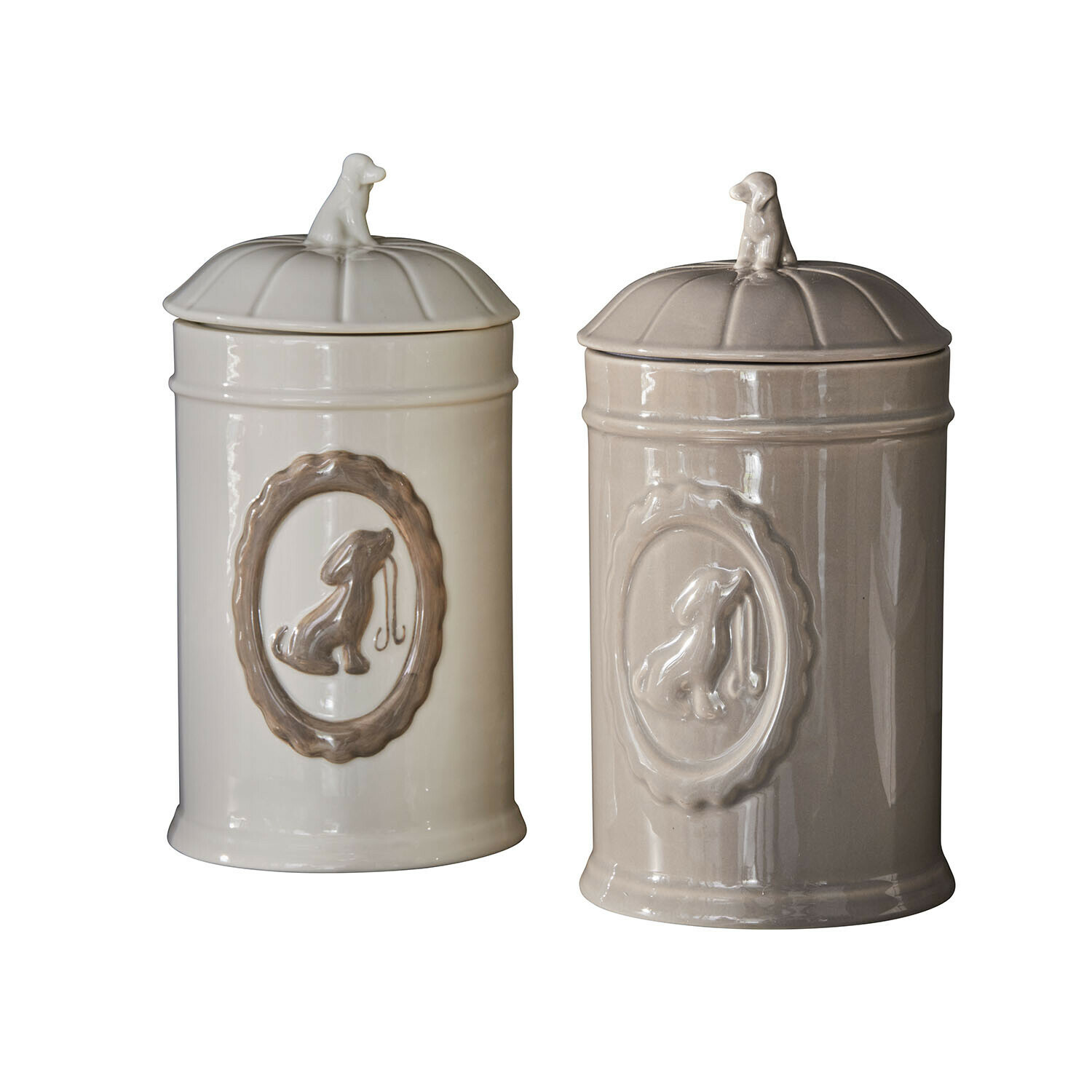 Dose 2er Set Ruunja Keramikdosen in Creme und Beige mit Hundemotiv zur Aufbewahrung von Hundeleckerlis