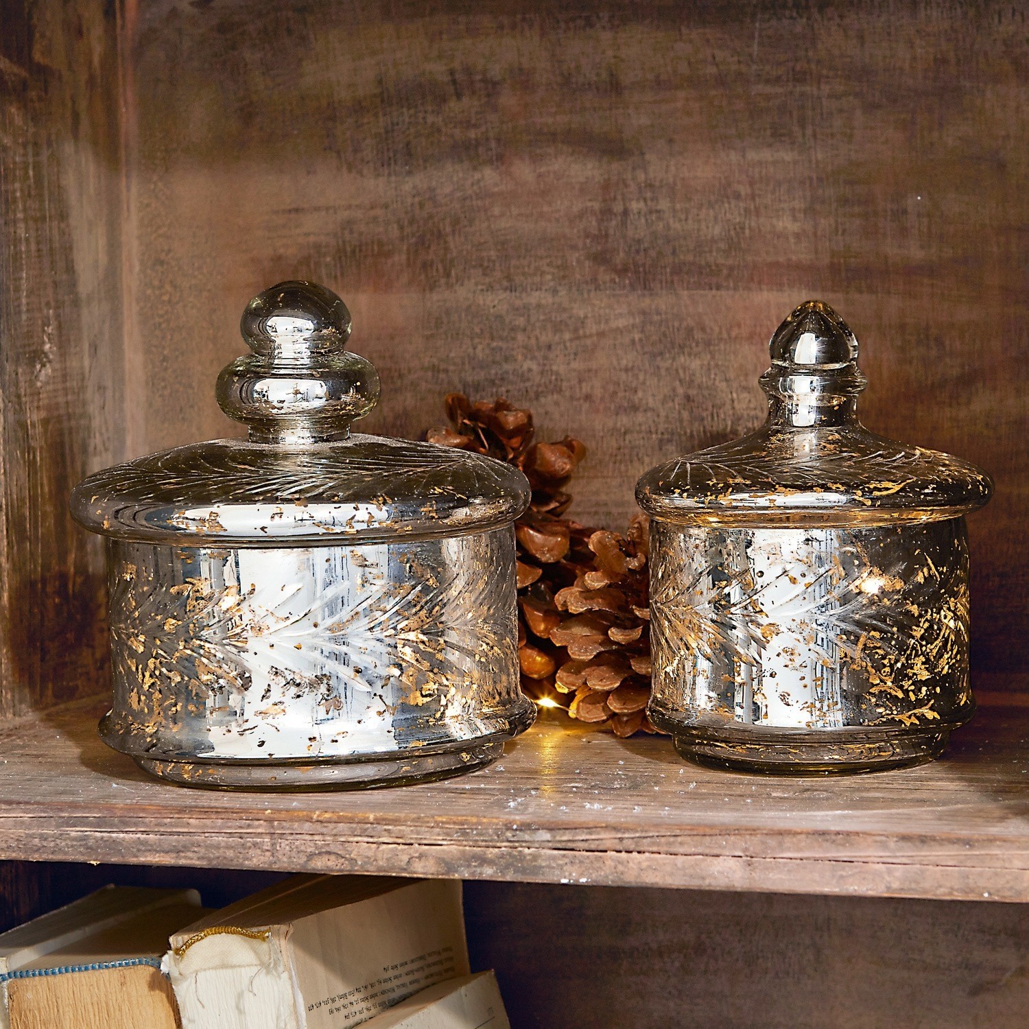Glasdose 2er Set Elexa Zwei Glasbehälter mit Deckeln und goldenen Verzierungen auf Holzregal mit Kiefernzapfen