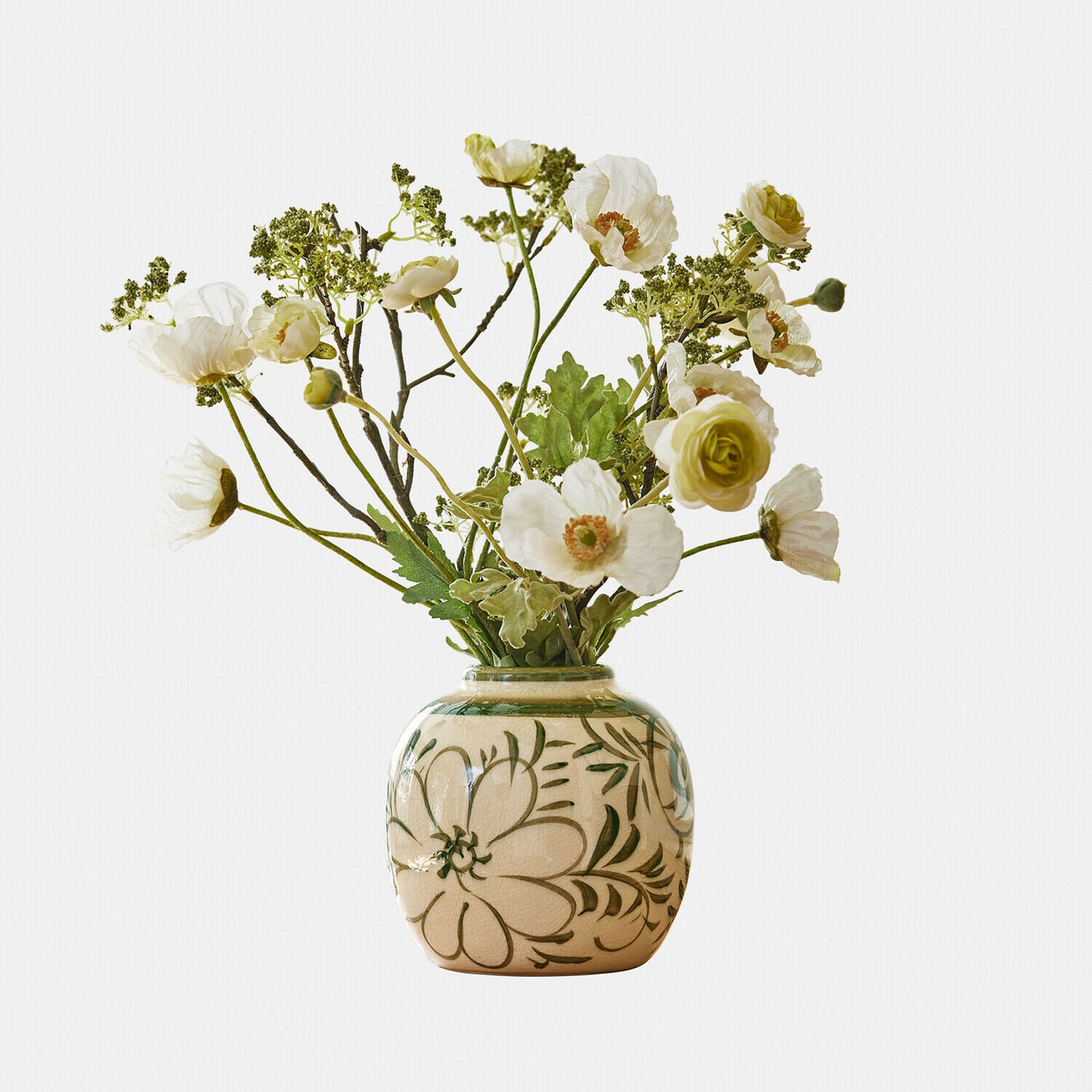Vase Avignonel Keramikvase in Beige mit grünen Blumenmustern und weißen sowie grünen Dekoblumen