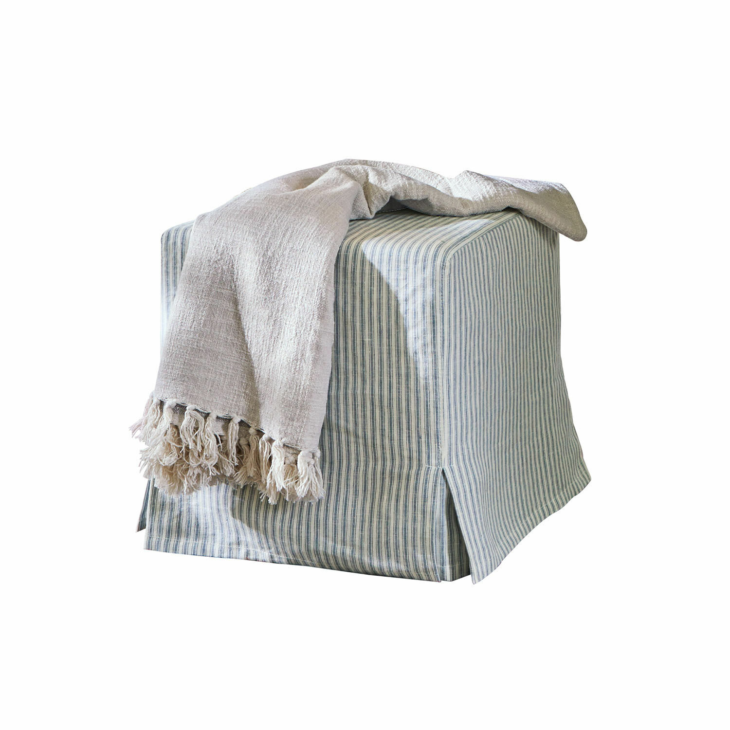 Hocker Ulysette Quadratischer Baumwoll-Pouf mit blauen Streifen und beigem Fransenplaid, gemütliches Sitzmöbel