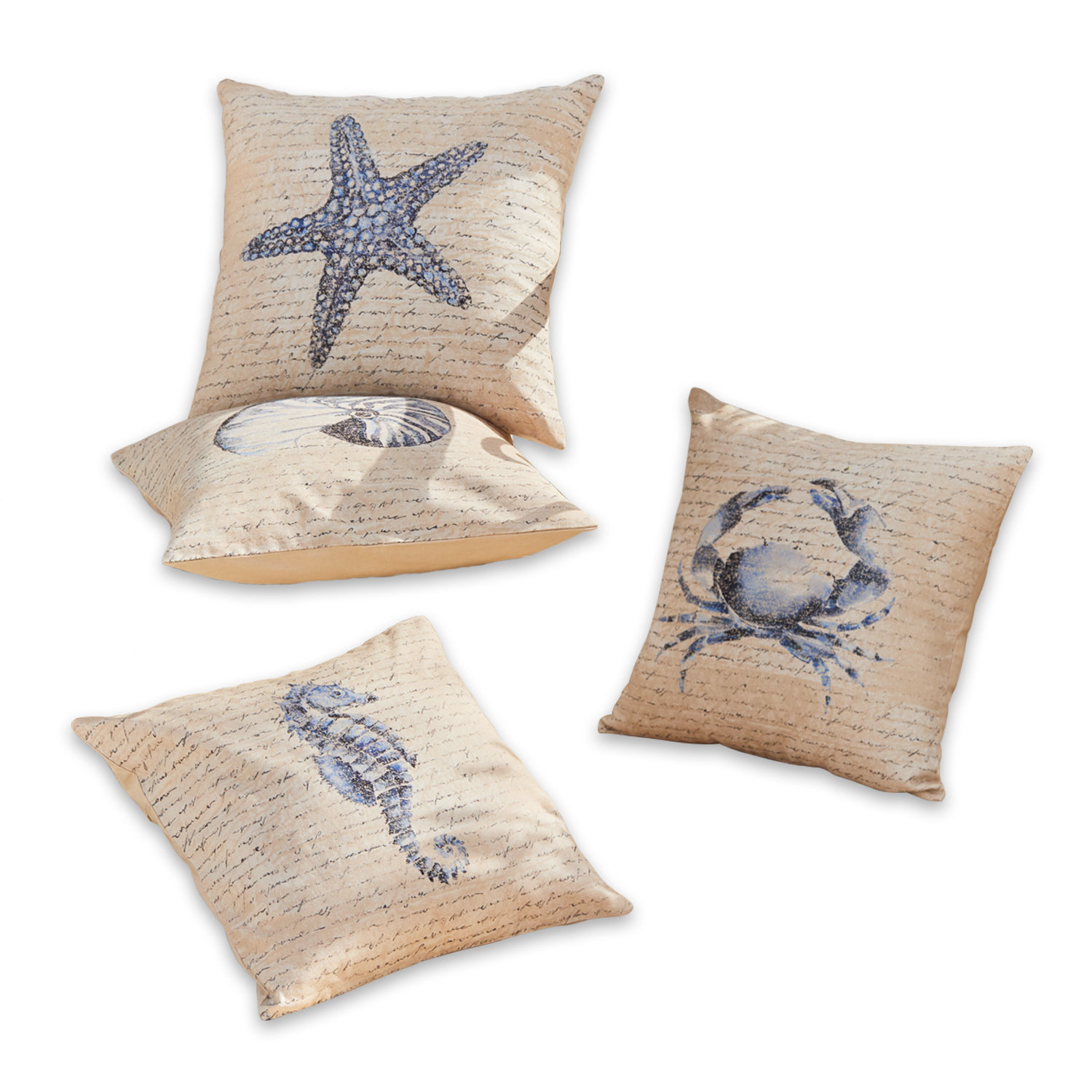 Kissenhülle 4er Set Sealand Dekorative Kissen mit maritimen Motiven in Blau auf beigem Stoff mit Schriftprint