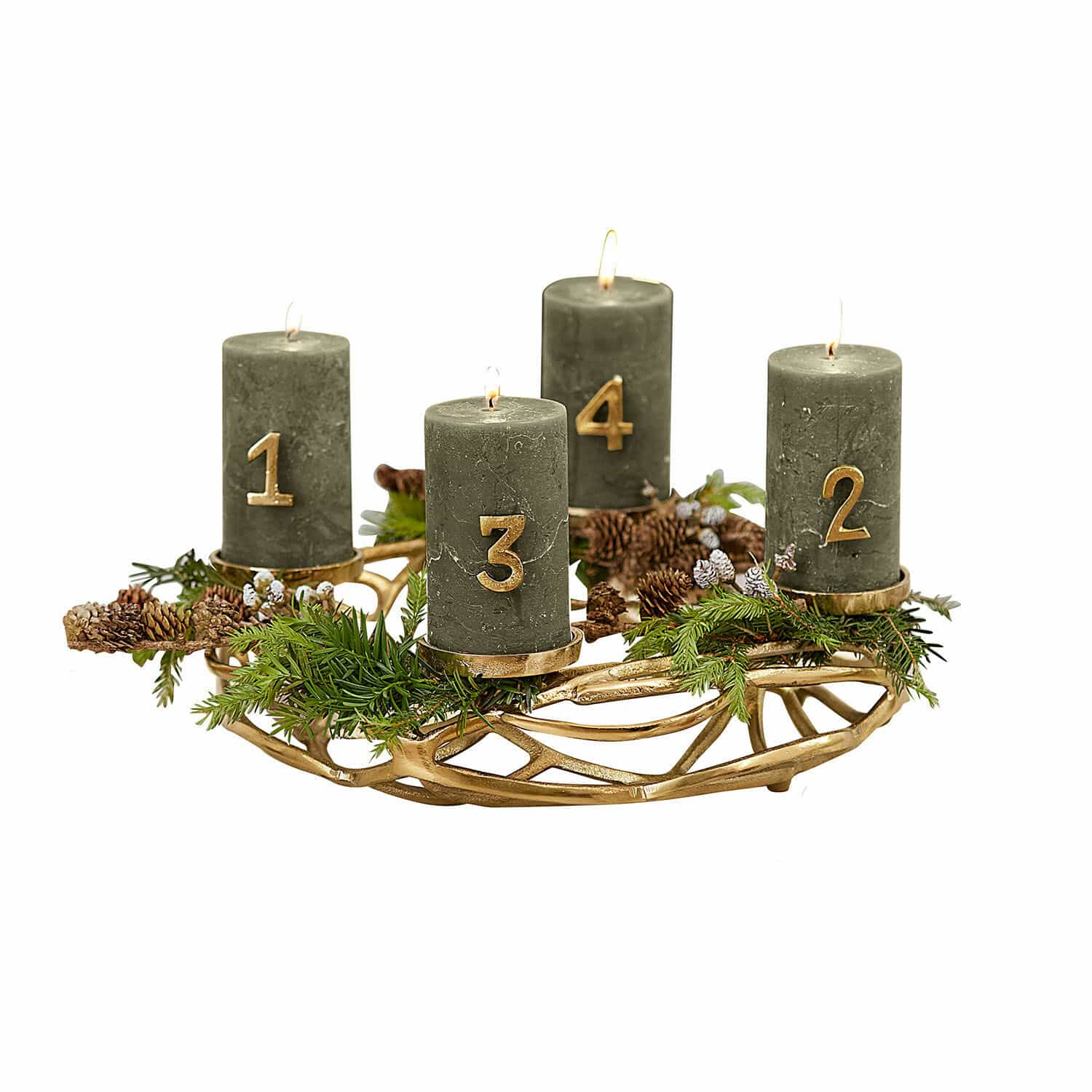 Kerzenkranz Coldfield Grüner Adventskranz mit vier nummerierten Kerzen und Dekoration aus Tannenzapfen und Zweigen
