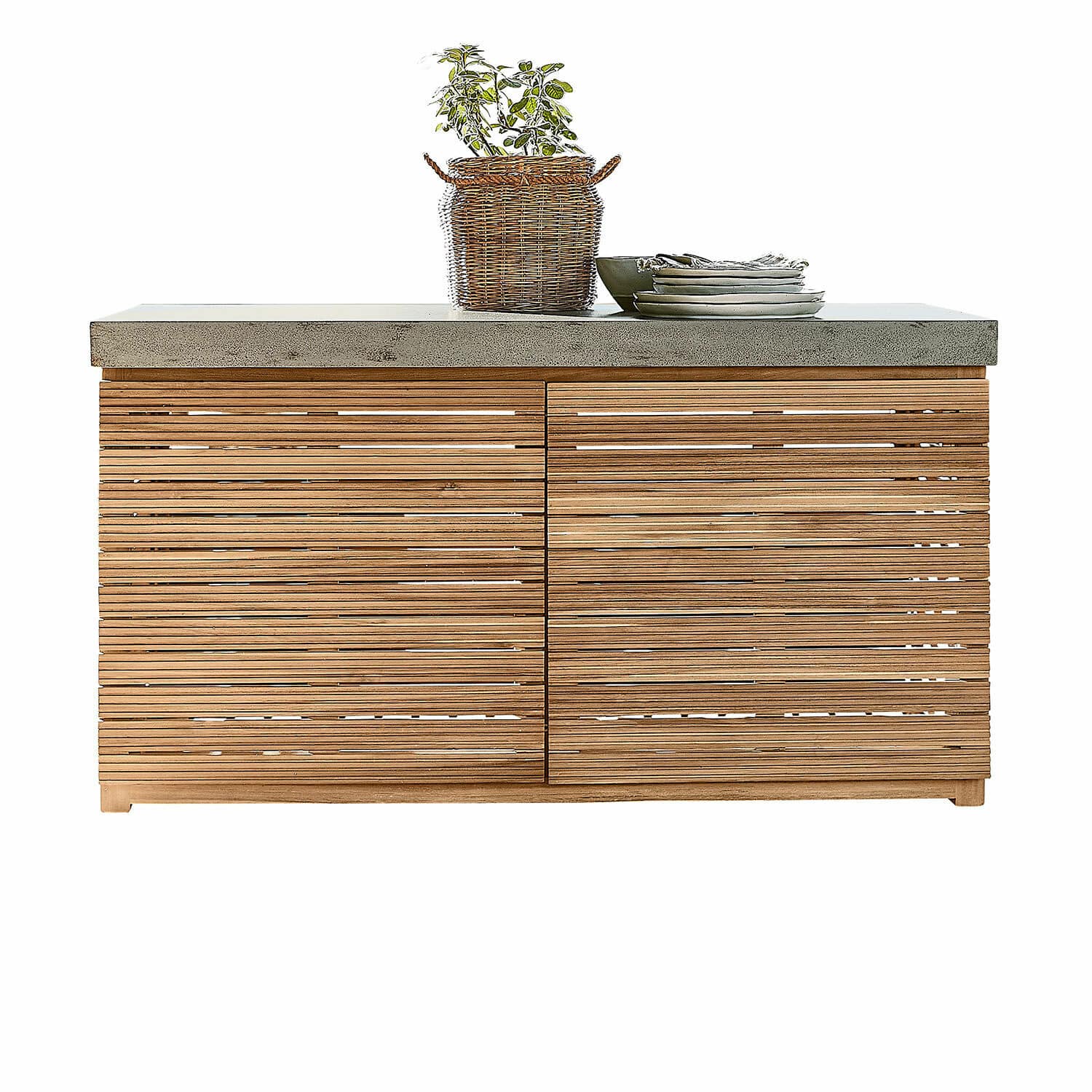 Outdoor-Küchenschrank FSC®-100% Venzone Kommode aus Holz mit Betonplatte, dekorativem Korb und gestapeltem Geschirr oben