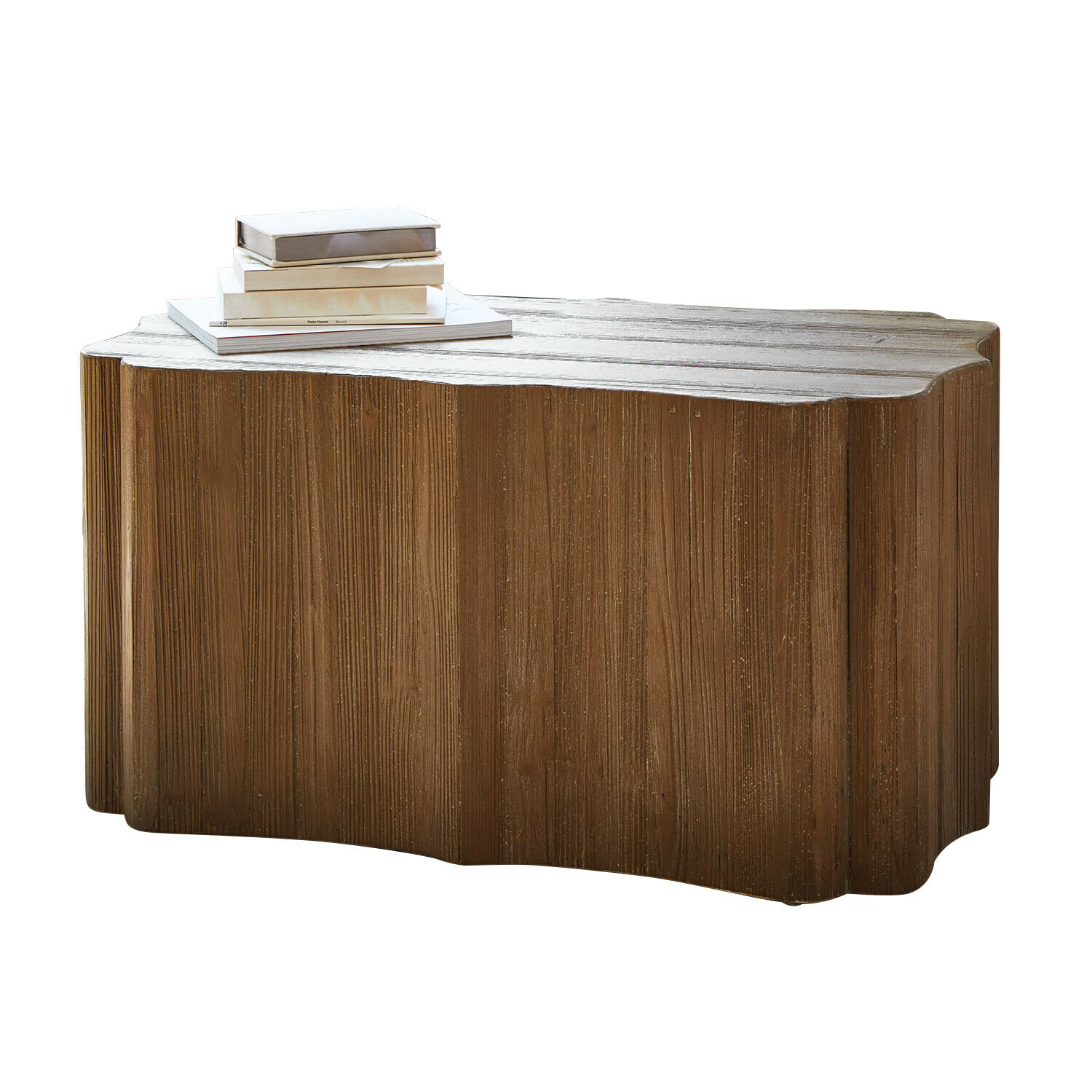 Couchtisch Romette Wohnzimmertisch aus braunem Holz mit unregelmäßiger Form und Büchern auf der Oberfläche