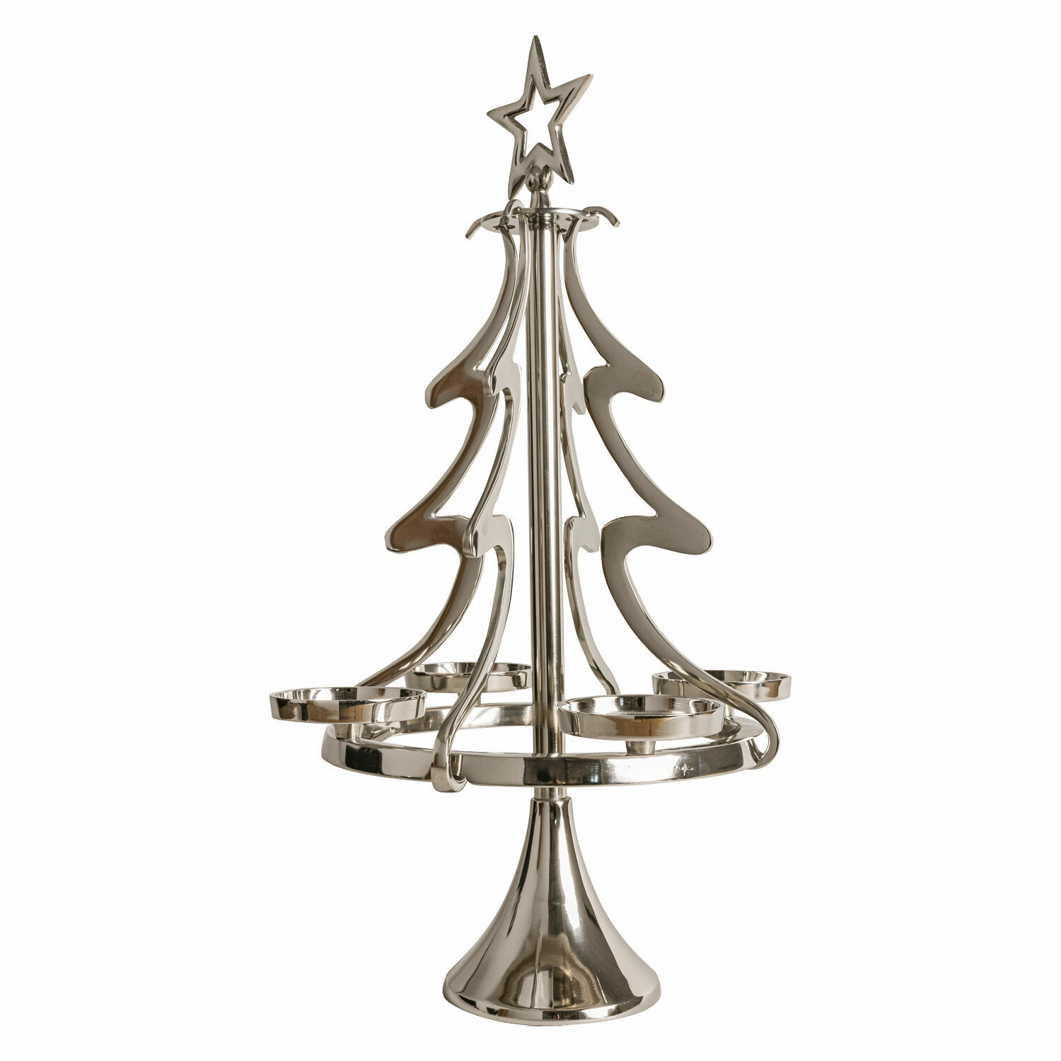 silber Silberner Adventskranzständer aus Metall in Tannenbaumform mit vier Kerzenhaltern
