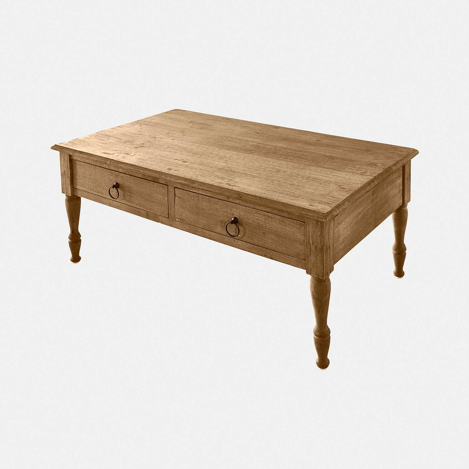 Couchtisch aus Mangoholz in Natur mit zwei Schubladen und dekorativen Griffen aus Metall