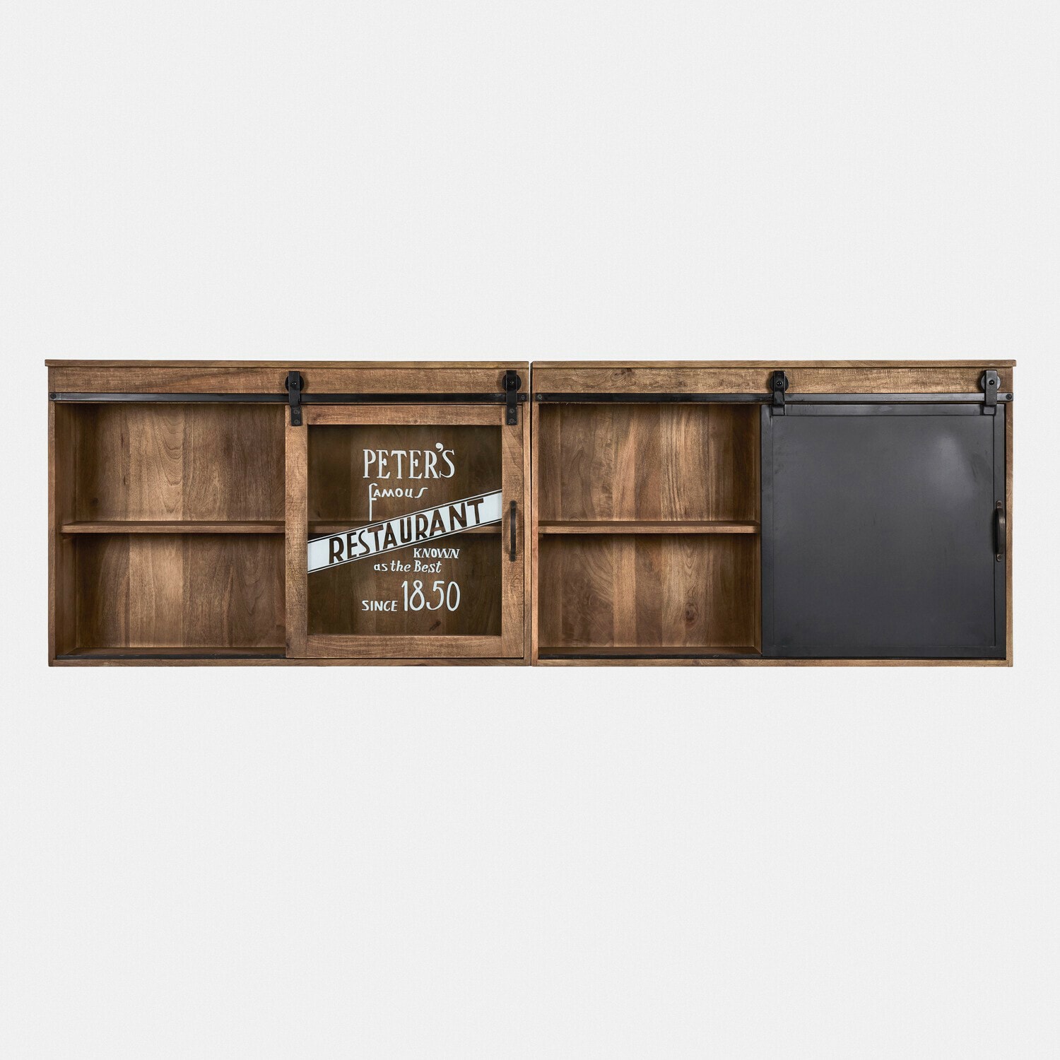 Hängeschrank 2er Set Oakland Wandregal aus Holz mit Schiebetüren aus Glas und Metall im Vintage-Stil zur Aufbewahrung