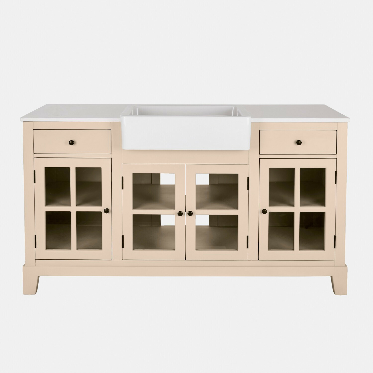 Spülenschrank Domérise Beige Küchenunterschrank mit weißem Keramikspülbecken und verglasten Holztüren