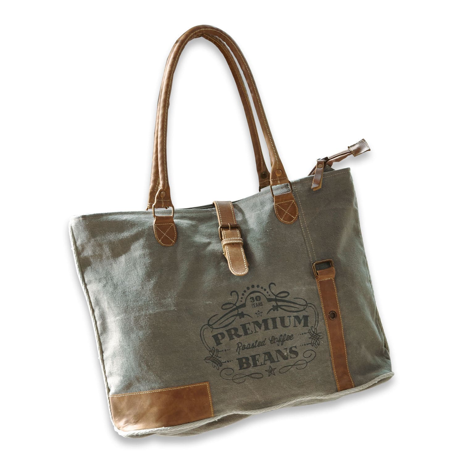 Tasche Staci Graue Stofftasche mit braunen Ledergriffen und Aufdruck Premium Coffee Beans