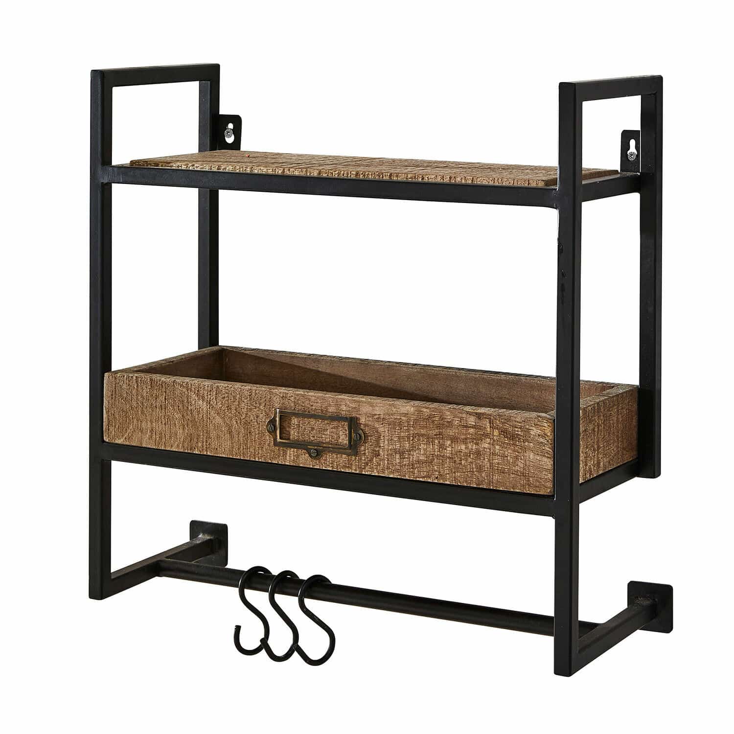 Wandregal Taylors Island Schwarzes Metall-Wandregal mit Holzablage und Haken zum Aufhängen von Accessoires