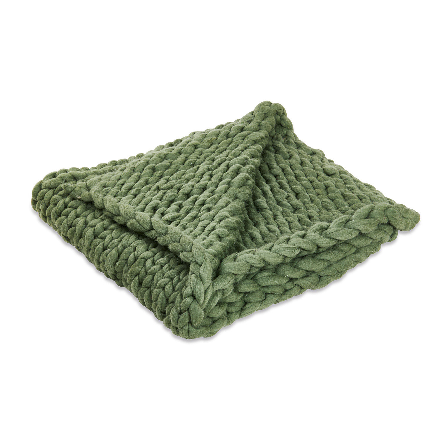 Weiche Plaid Hughes in Olivgrün mit grobem Strickmuster für gemütliche Wohnräume