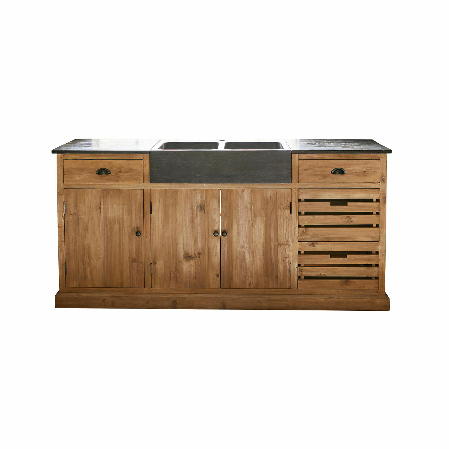 Spülenschrank Marvène Küchenschrank aus Holz mit schwarzer Steinplatte und Doppelspüle, praktische Schubladen und Türen