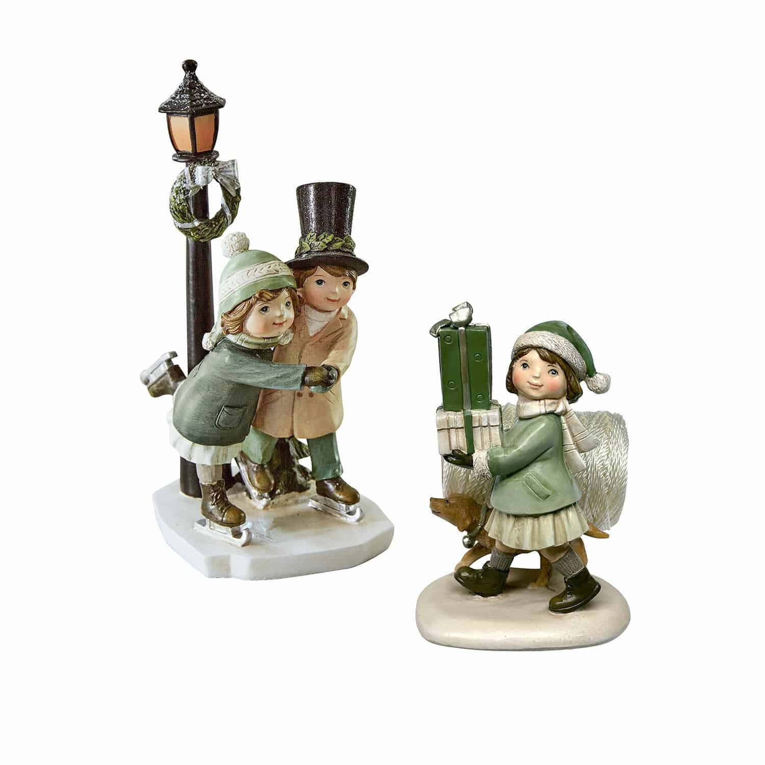 Deko-Figur 2er Set Marquelline Figuren von Kindern in grüner und beiger Kleidung beim Schlittschuhlaufen und mit Geschenken, Winterdeko