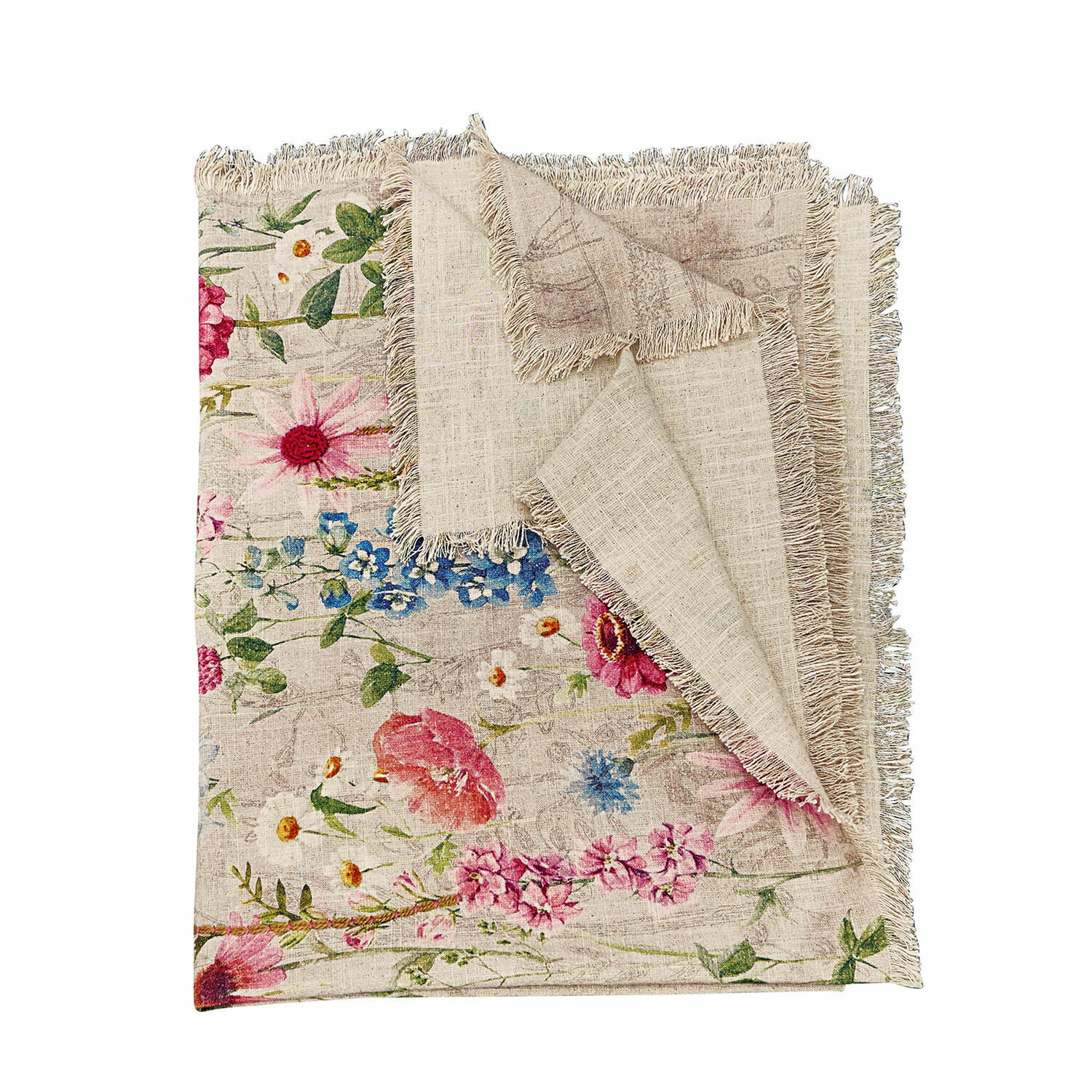 Plaid Eleonoire Leinen-Tischdecke mit floralem Muster und Fransen in natürlichen Farben für Tischdekoration