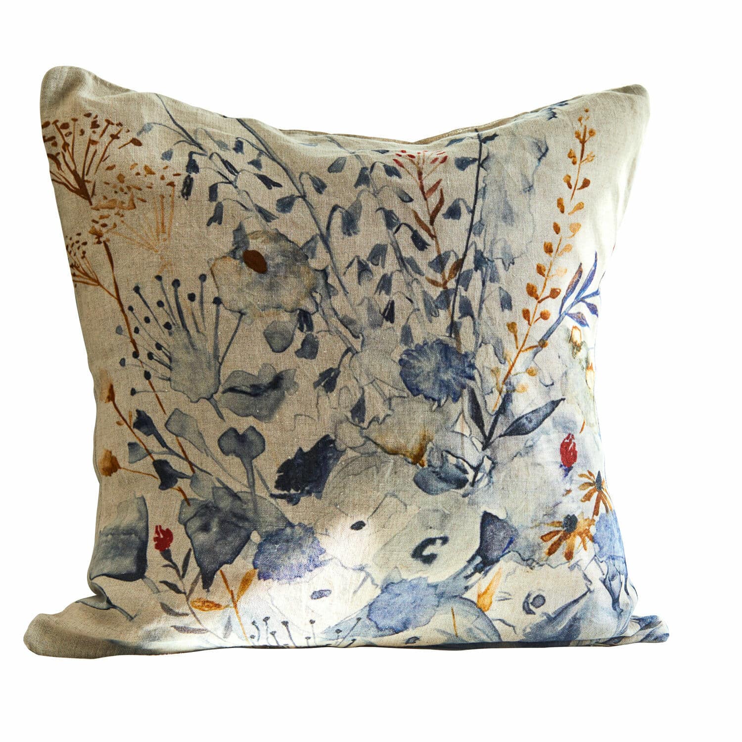 Kissenhülle Carroll Leinen-Kissenhülle mit floralem Muster in Blau- und Brauntönen, dekoratives Wohnaccessoire