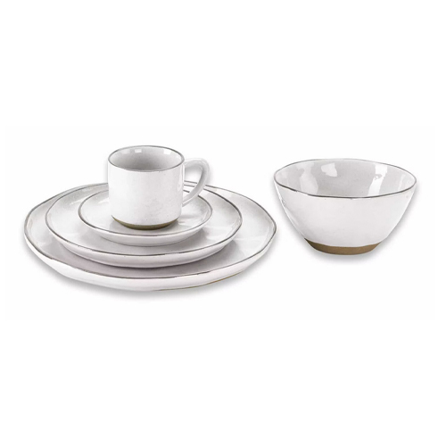 Weißes Keramik-Geschirrset mit Tasse, Tellern und Schüssel für den täglichen Gebrauch