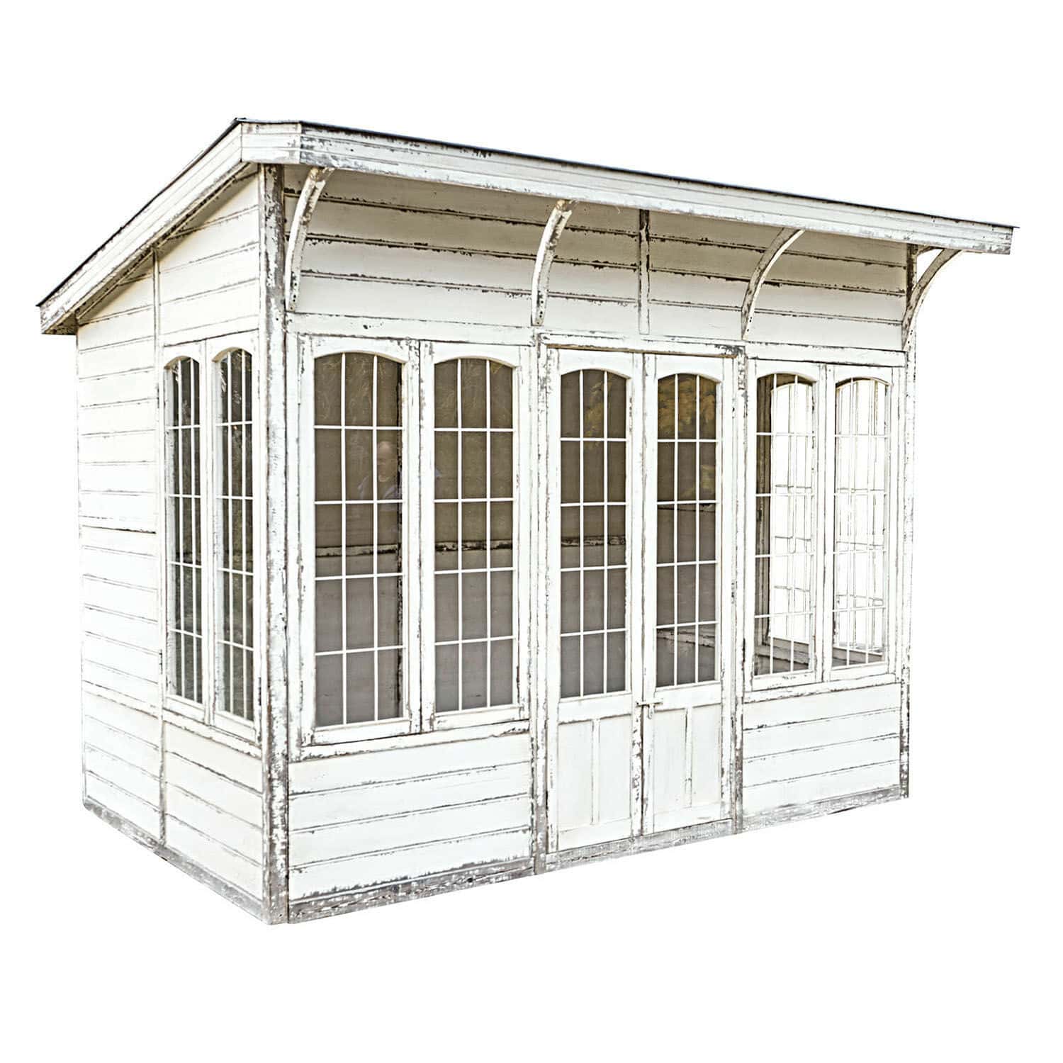 Gartenhaus South Coventry Weißer Holz-Gartenpavillon mit großen Fenstern und Doppeltür im Vintage-Stil