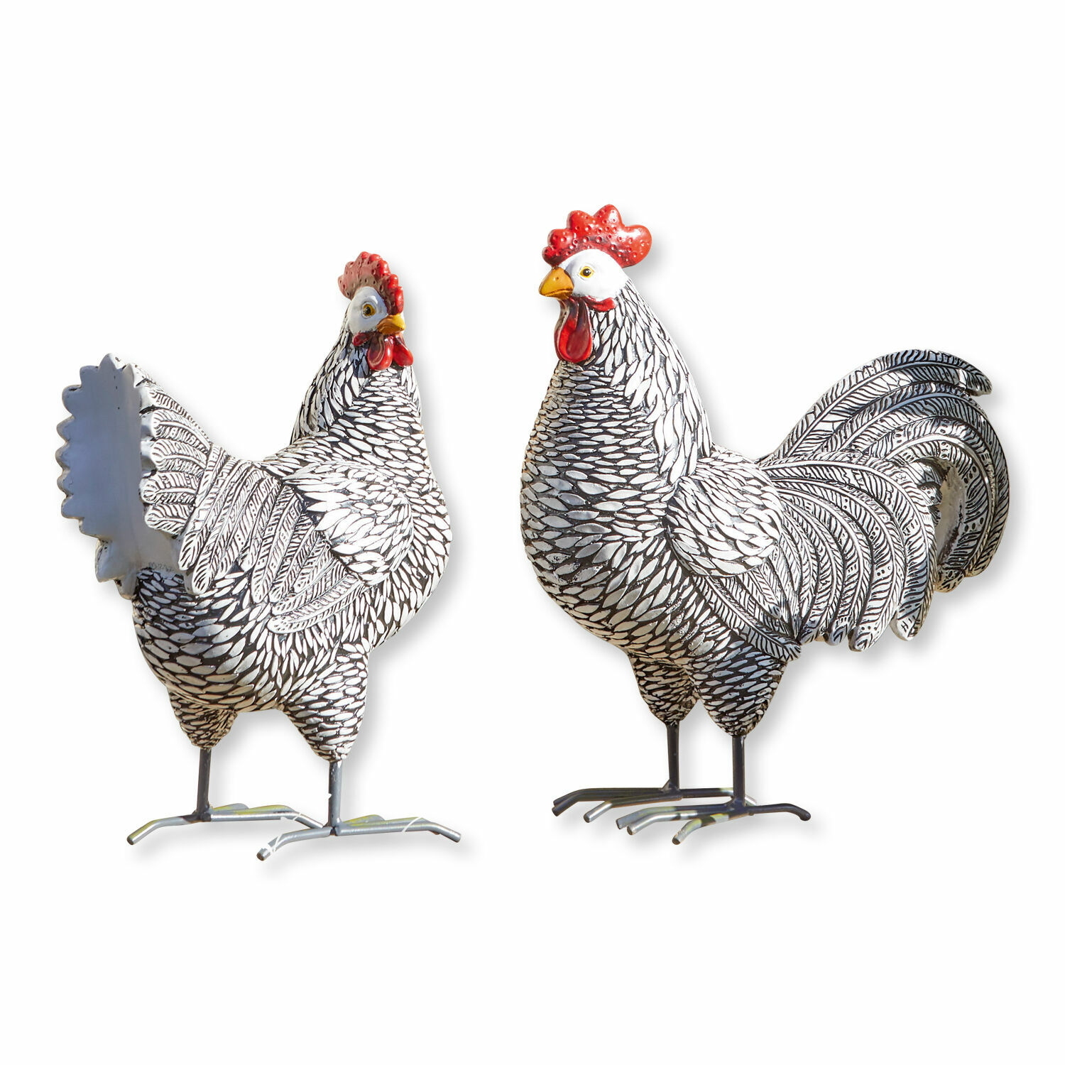 Deko-Huhn 2er Set Mannis Dekorative Metallfiguren Hahn und Henne in Weiß-Schwarz mit roten Kämmen, ländliche Deko